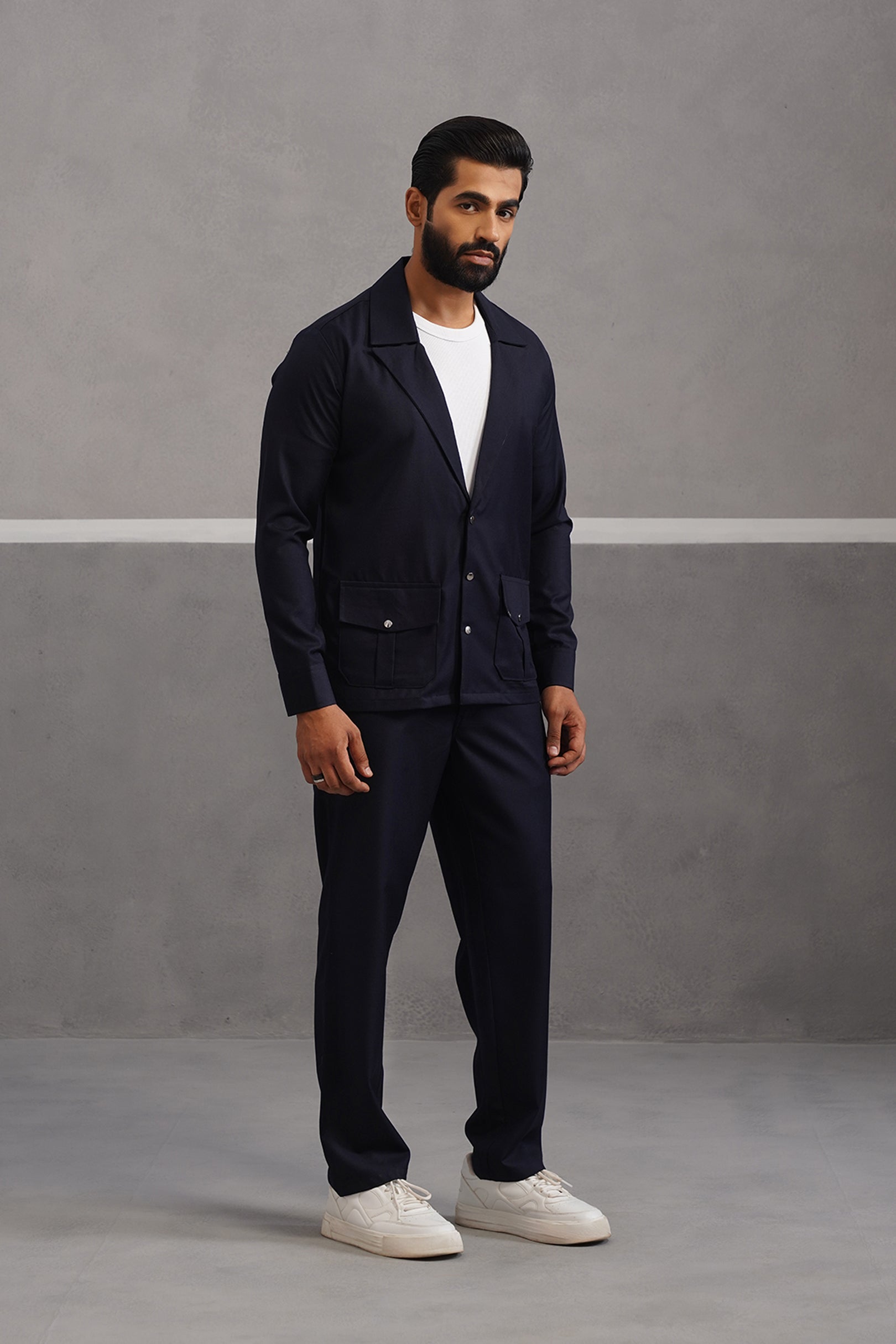 Terry Rayon Blazer Shirt Coord Set - Blue