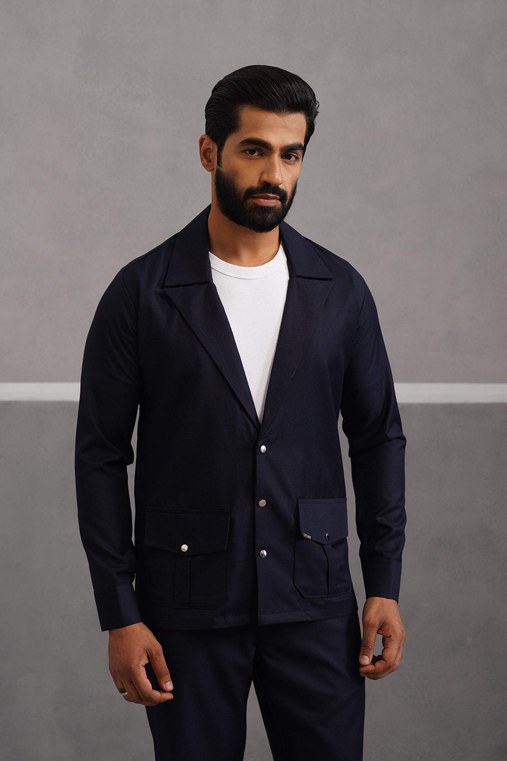 Terry Rayon Luxe Blazer Shirt - Blue