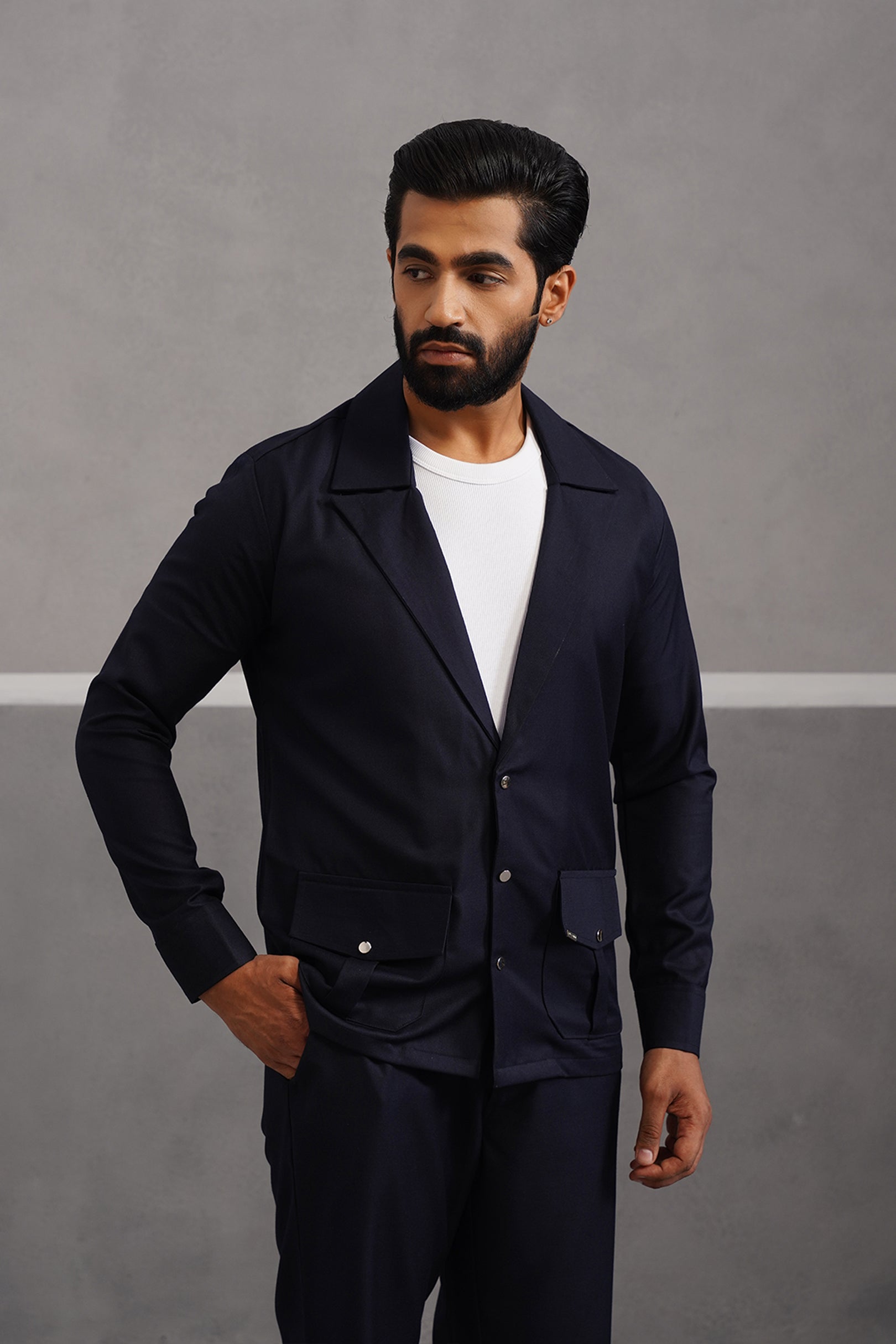 Terry Rayon Blazer Shirt Coord Set - Blue