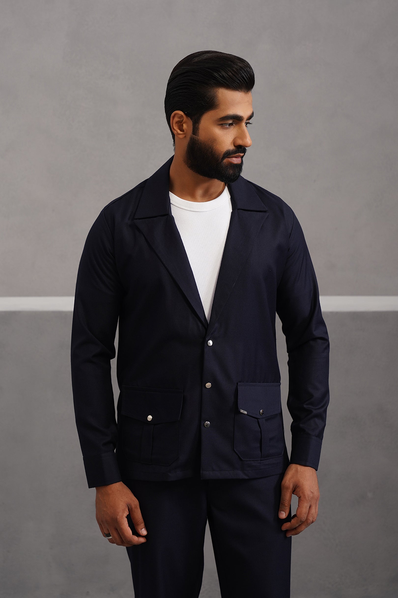 Terry Rayon Luxe Blazer Shirt - Blue