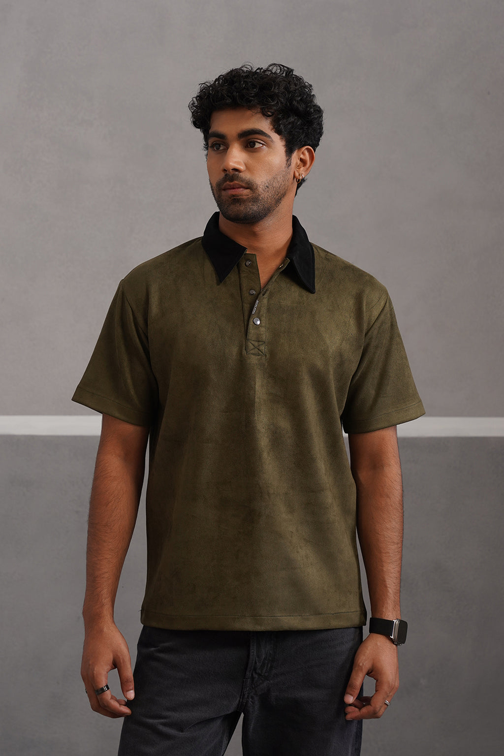 Rich Suede Fabric Collar Polo Tshirt - Green