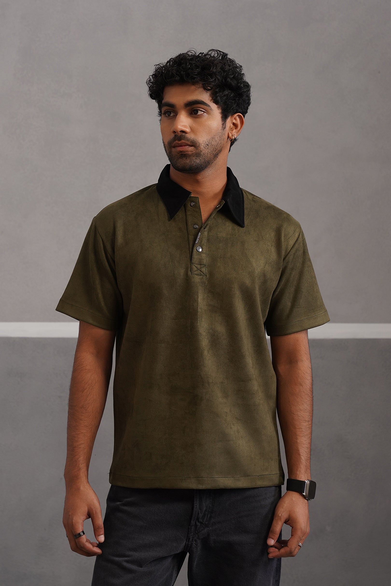 Rich Suede Fabric Collar Polo Tshirt - Green
