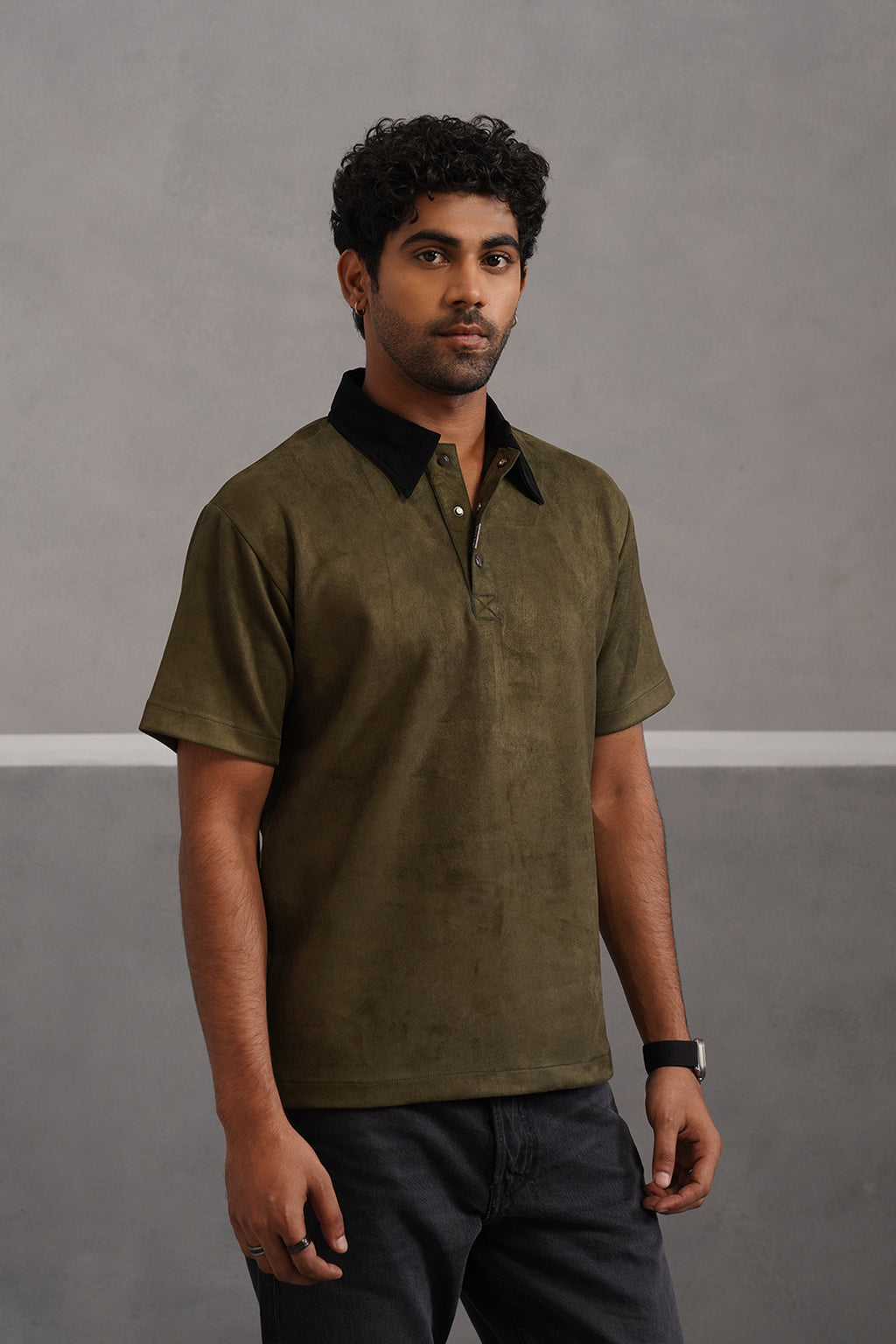 Rich Suede Fabric Collar Polo Tshirt - Green