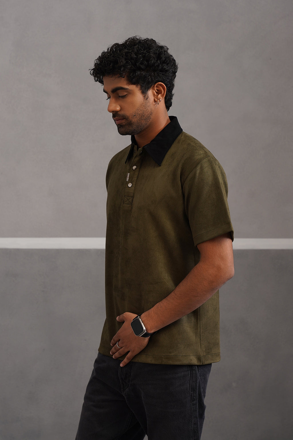 Rich Suede Fabric Collar Polo Tshirt - Green