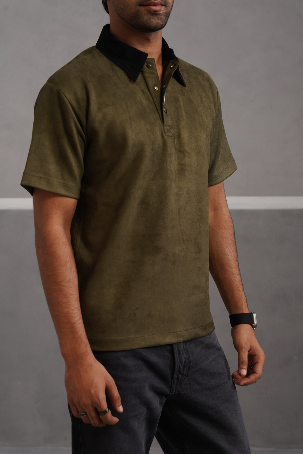 Rich Suede Fabric Collar Polo Tshirt - Green