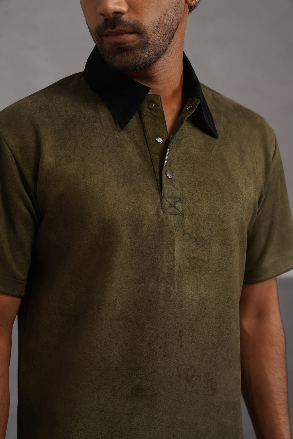 Rich Suede Fabric Collar Polo Tshirt - Green