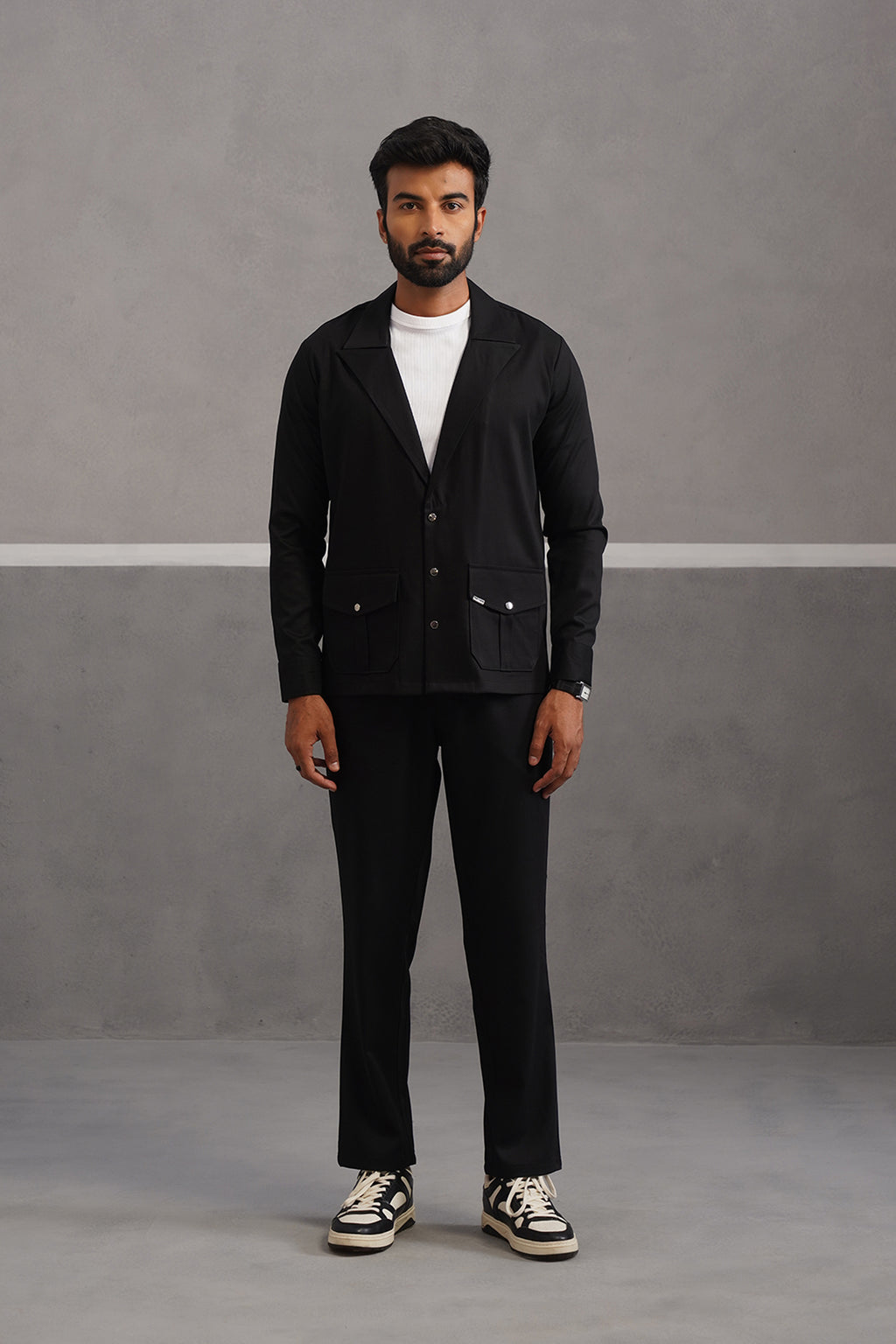 Terry Rayon Blazer Shirt Coord Set - Black