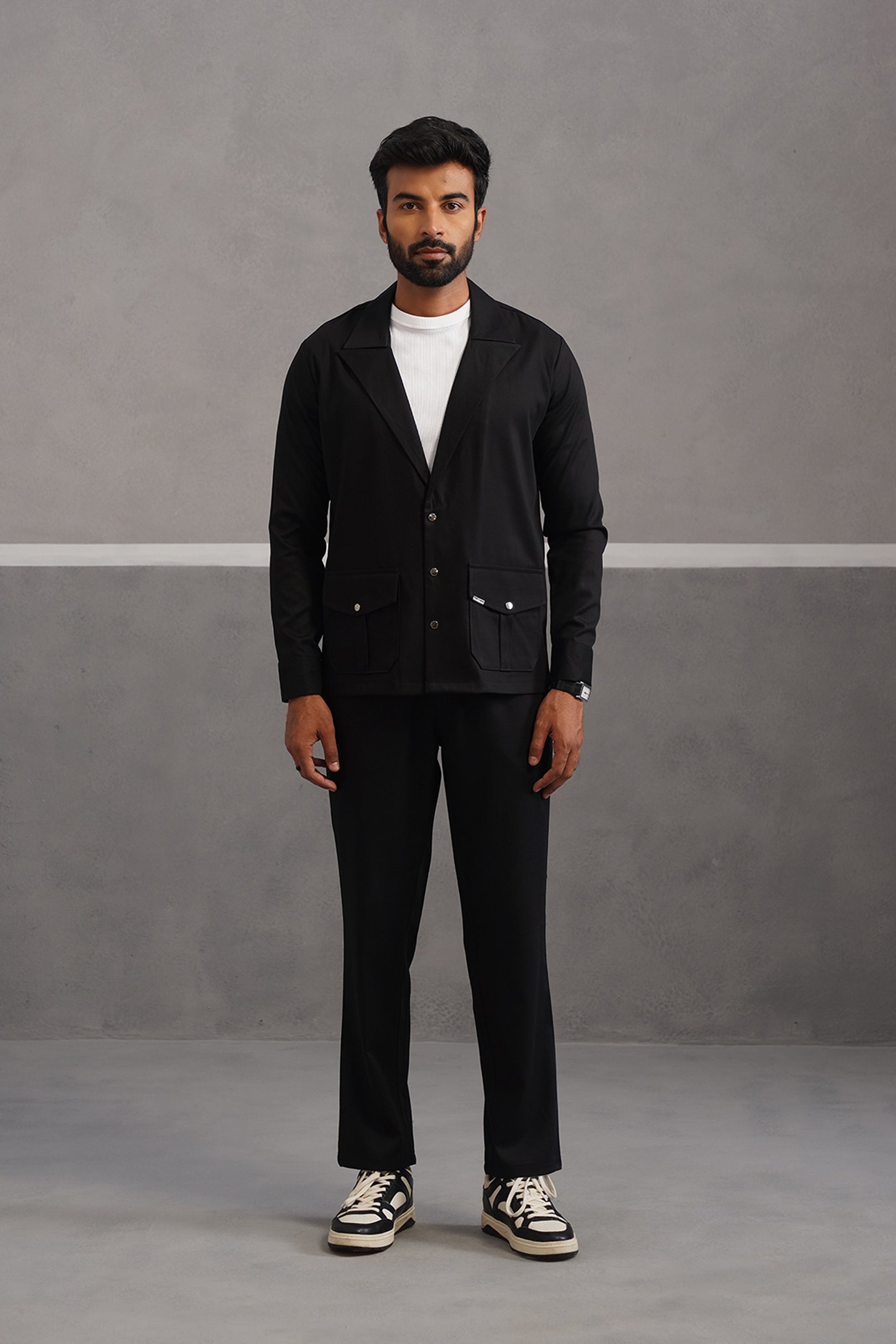 Terry Rayon Blazer Shirt Coord Set - Black