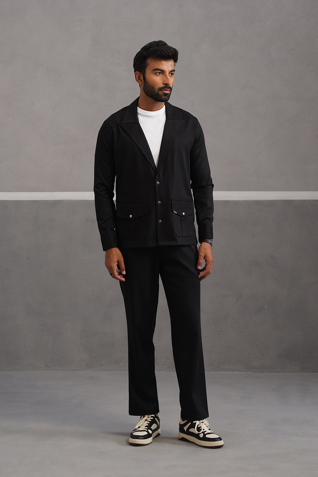 Terry Rayon Blazer Shirt Coord Set - Black