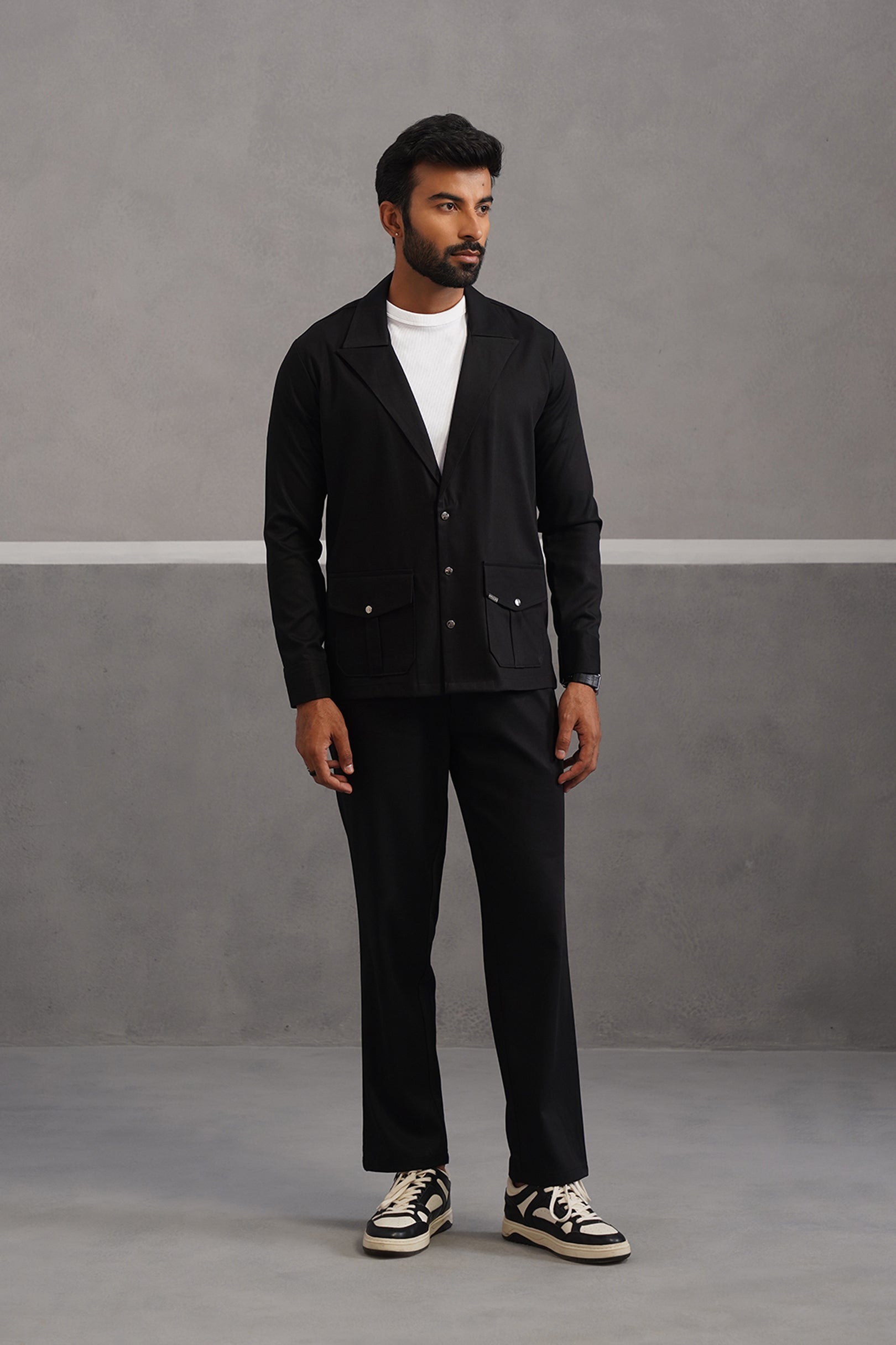 Terry Rayon Blazer Shirt Coord Set - Black