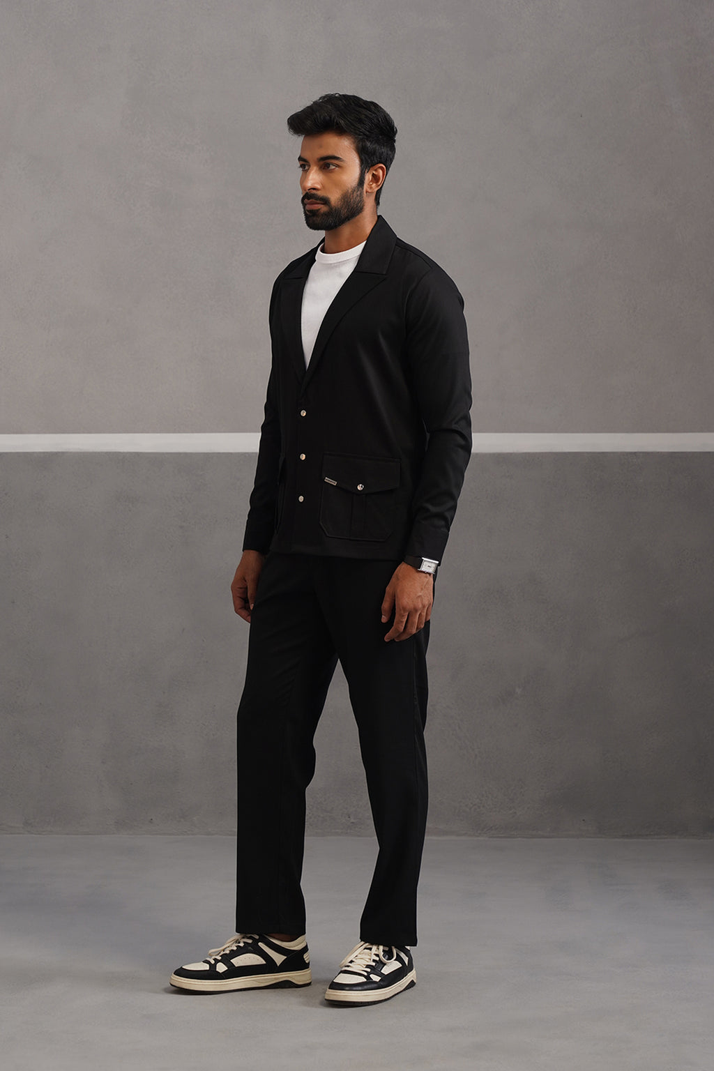 Terry Rayon Blazer Shirt Coord Set - Black