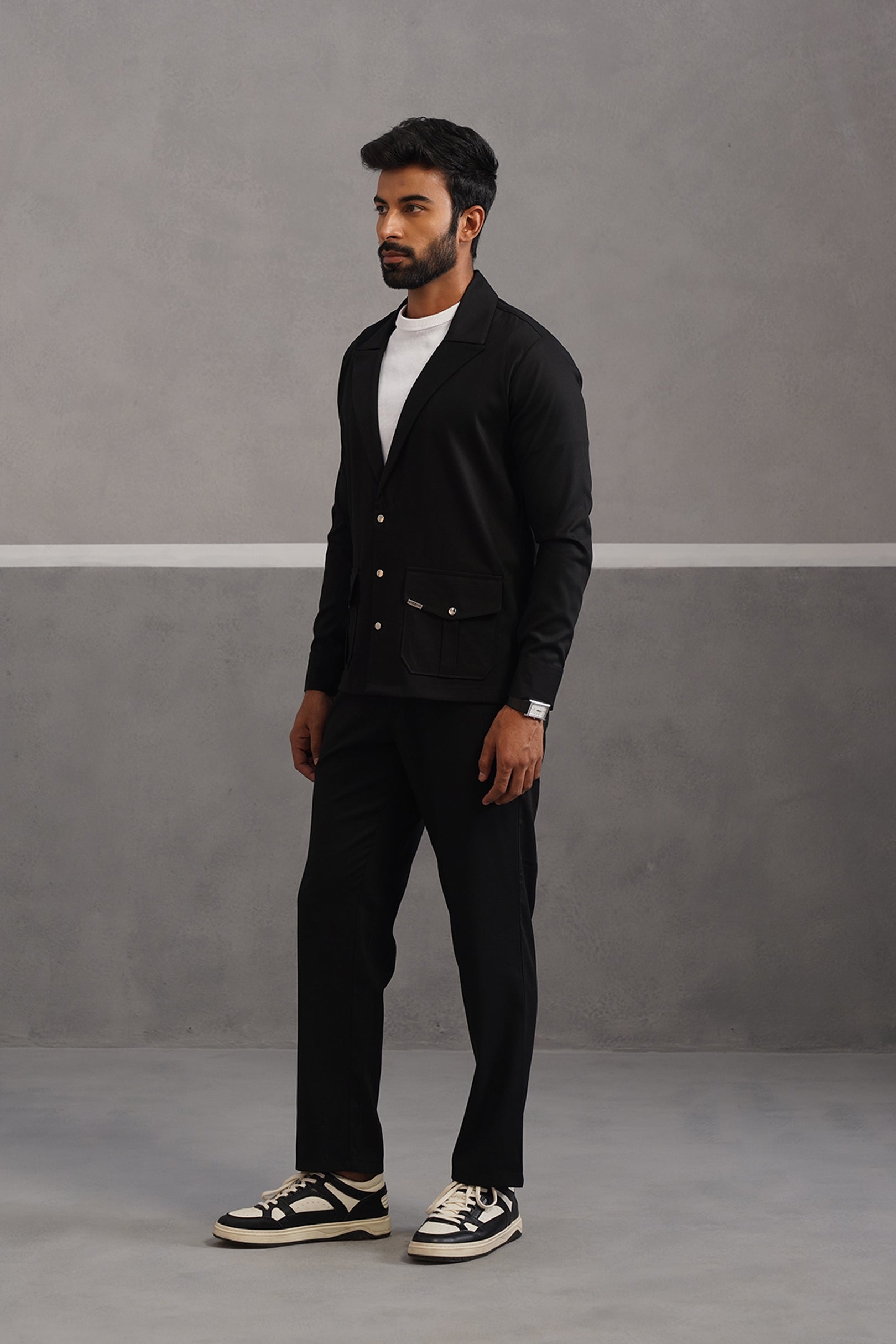 Terry Rayon Blazer Shirt Coord Set - Black