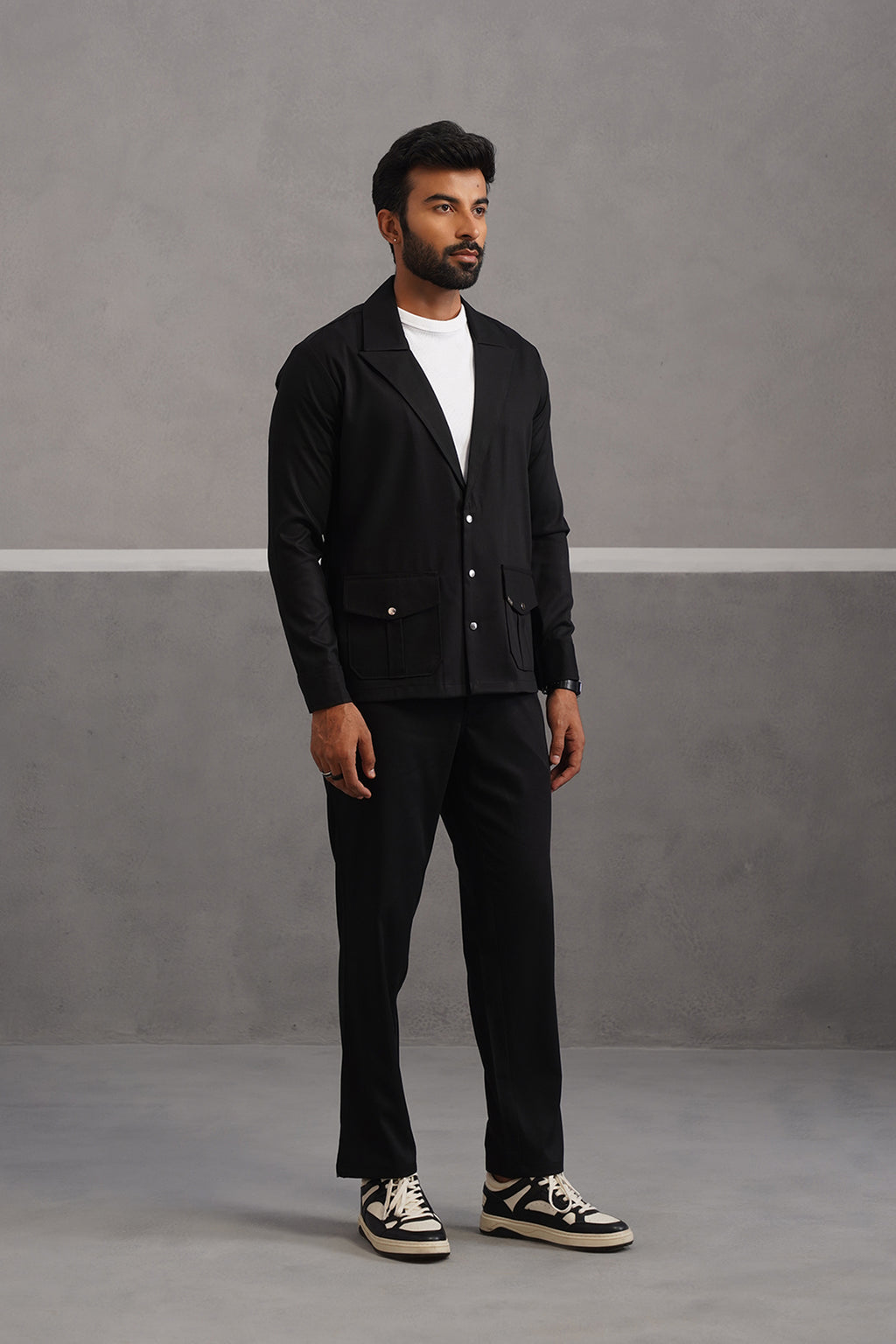 Terry Rayon Blazer Shirt Coord Set - Black