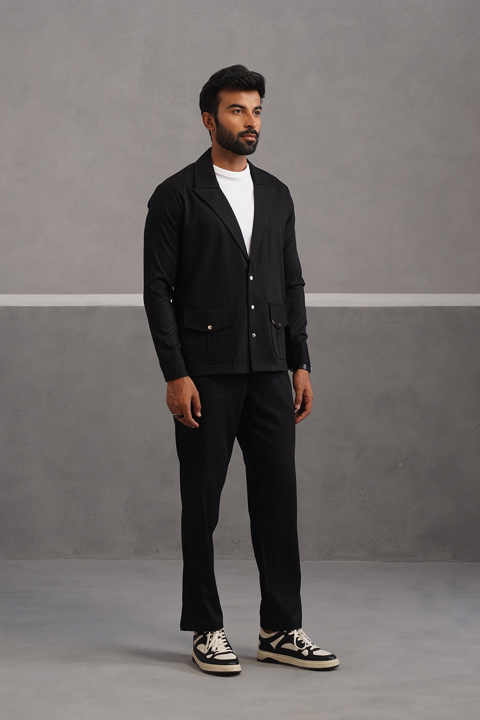 Terry Rayon Blazer Shirt Coord Set - Black