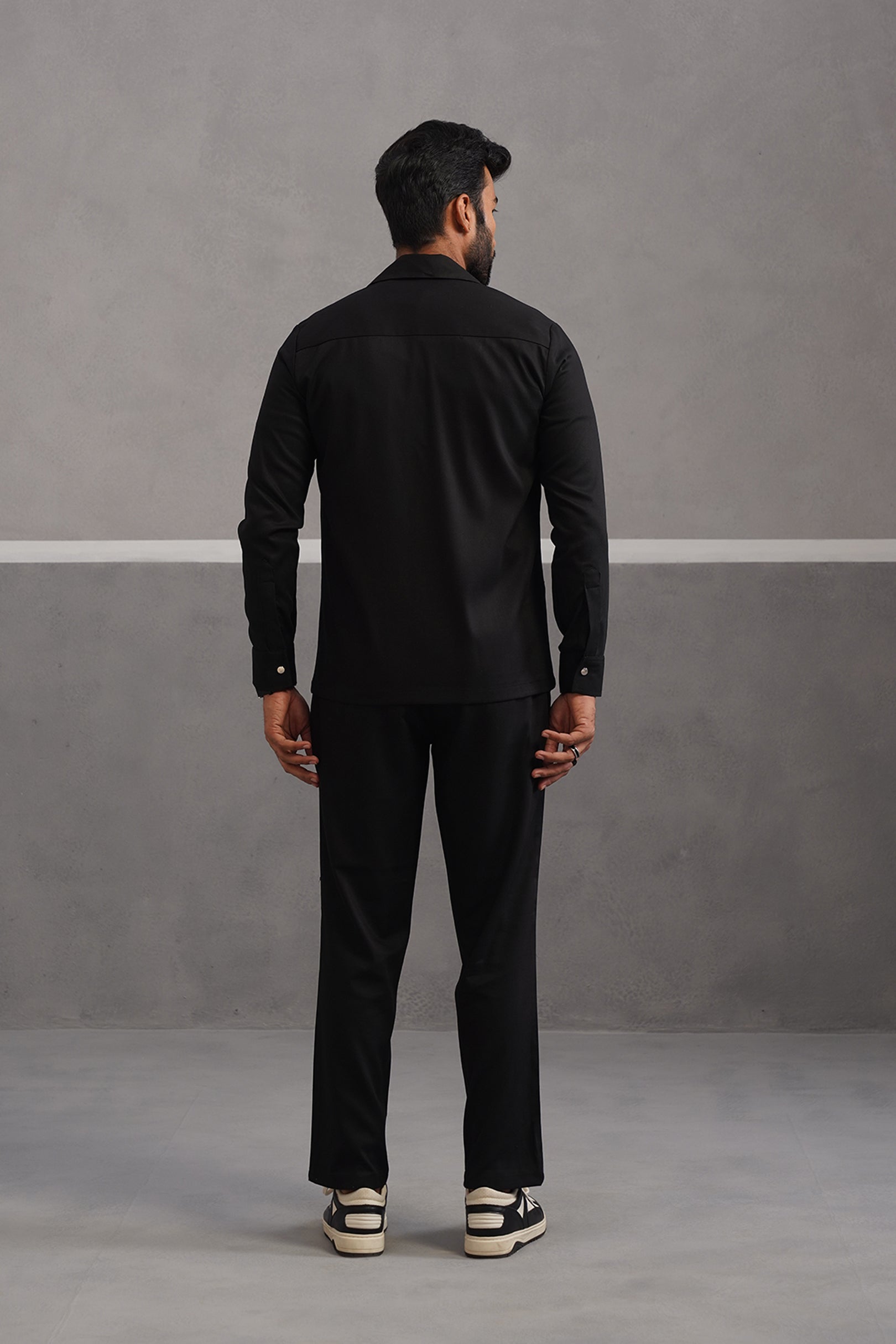 Terry Rayon Blazer Shirt Coord Set - Black