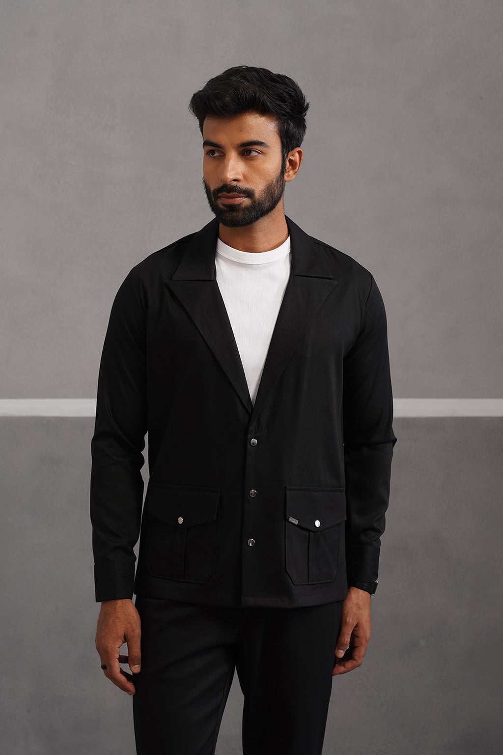 Terry Rayon Luxe Blazer Shirt - Black