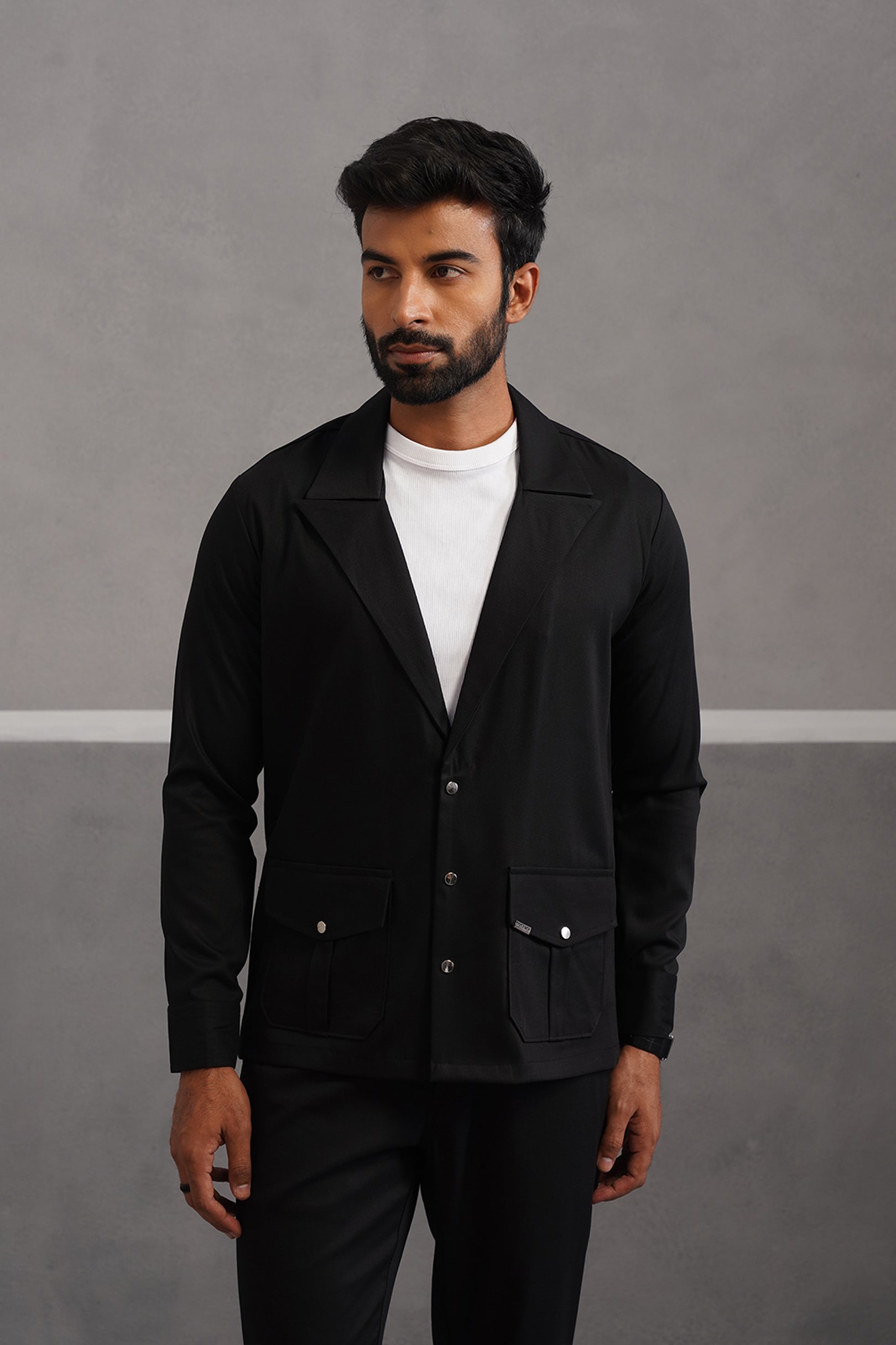 Terry Rayon Luxe Blazer Shirt - Black