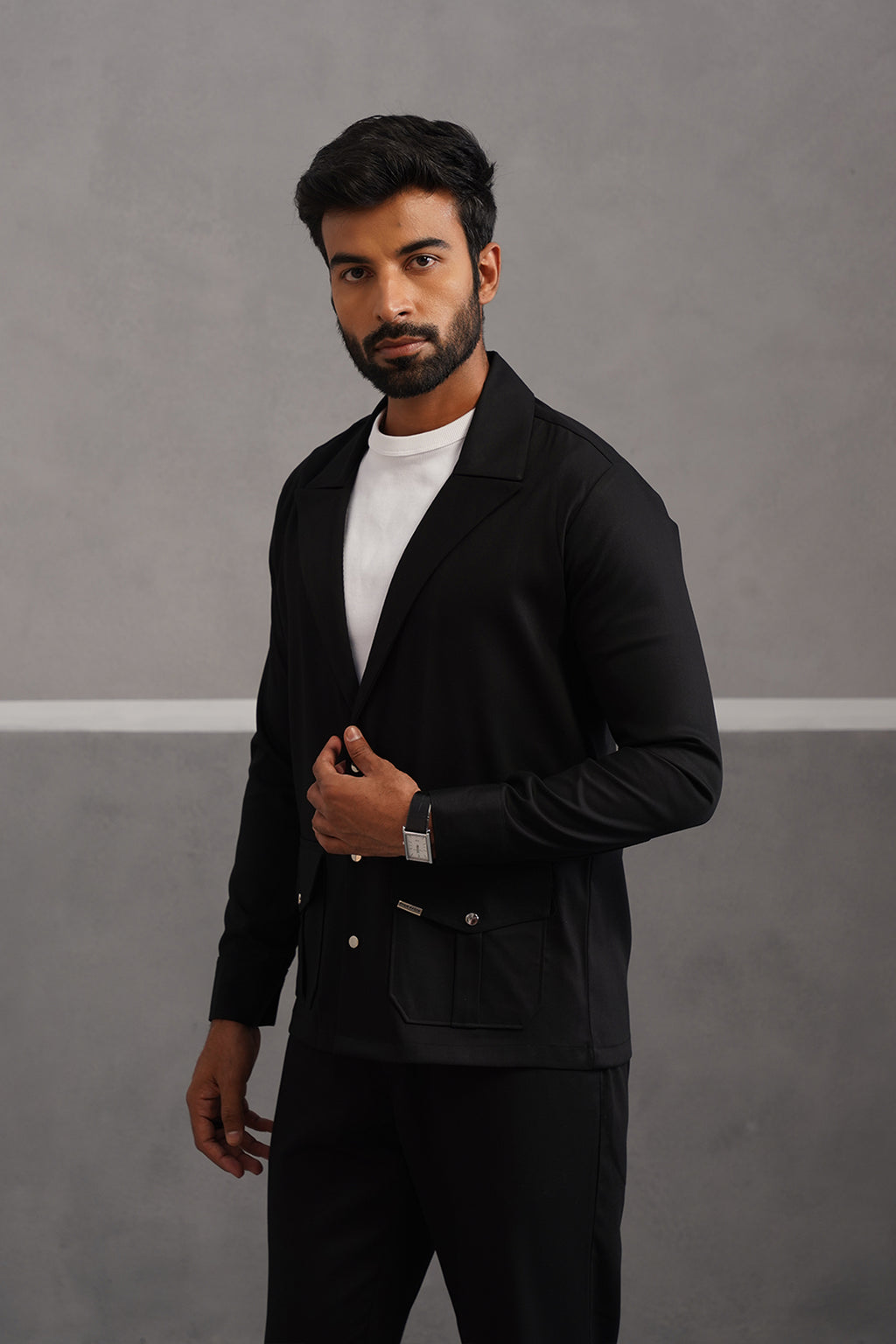 Terry Rayon Blazer Shirt Coord Set - Black