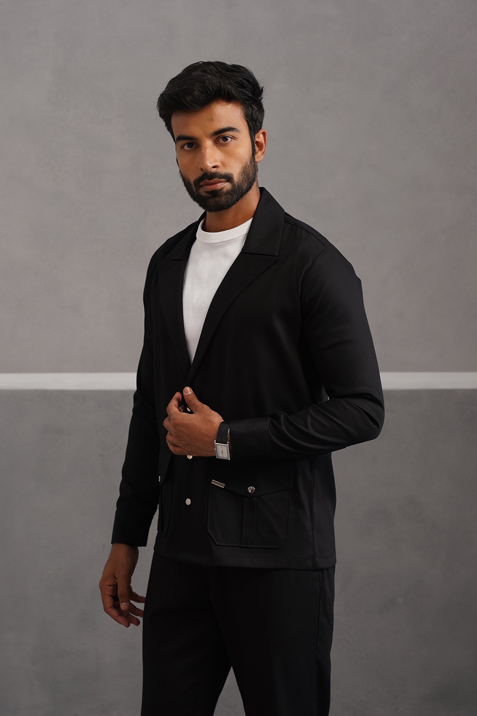 Terry Rayon Blazer Shirt Coord Set - Black