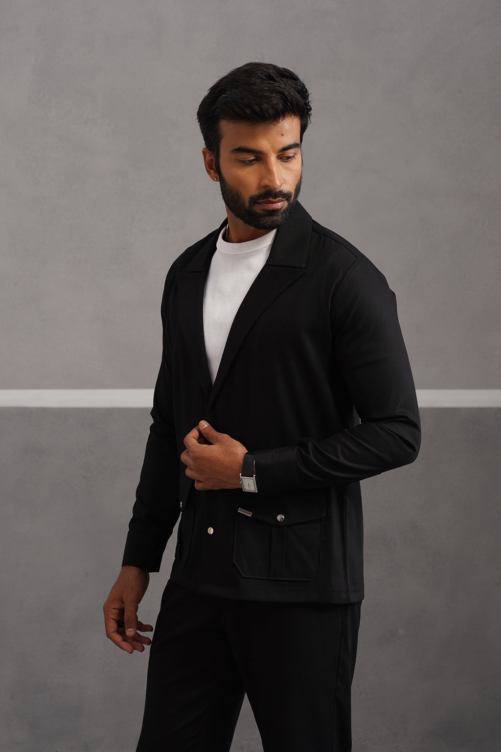 Terry Rayon Luxe Blazer Shirt - Black