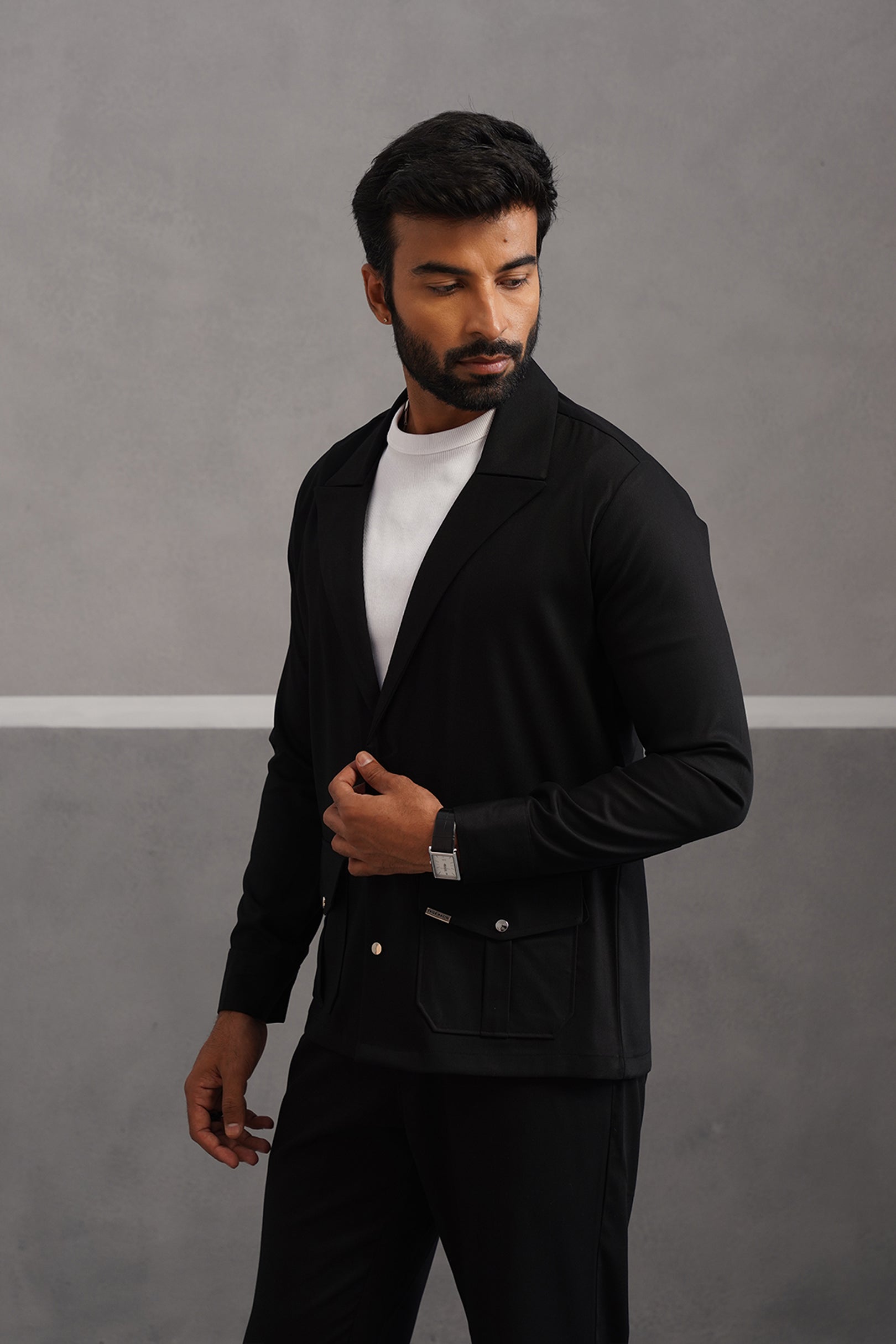 Terry Rayon Luxe Blazer Shirt - Black