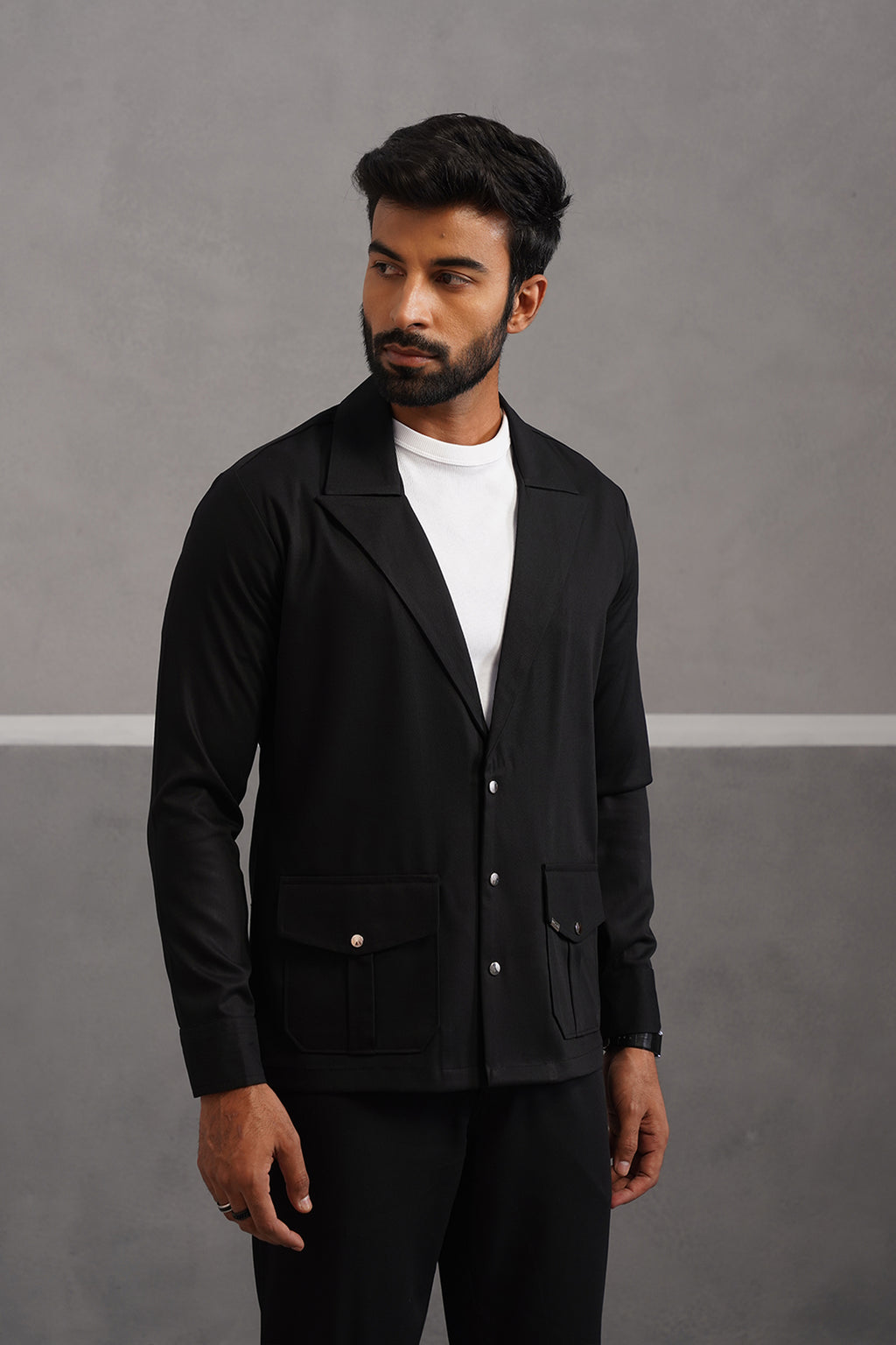 Terry Rayon Luxe Blazer Shirt - Black