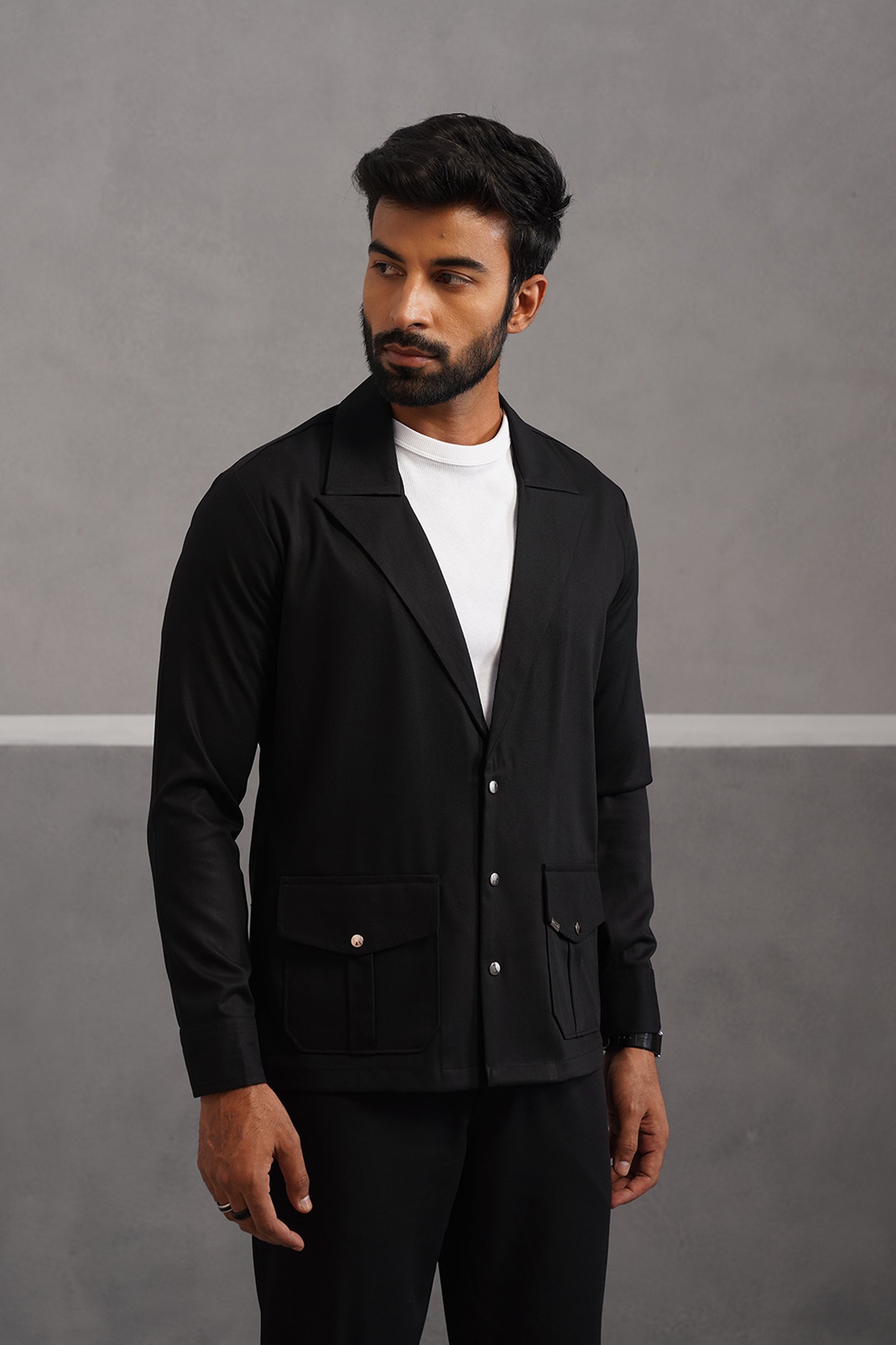 Terry Rayon Luxe Blazer Shirt - Black