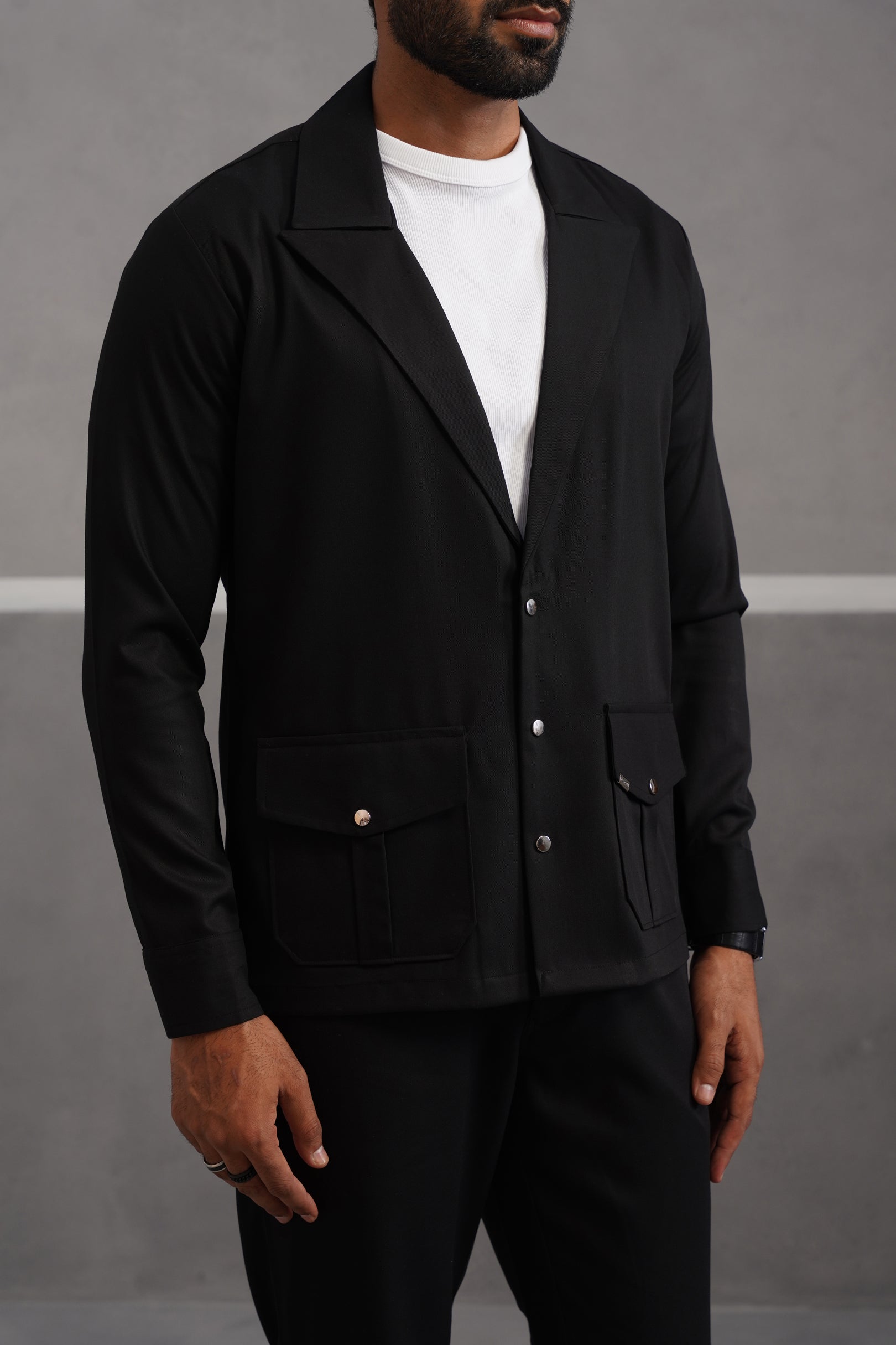 Terry Rayon Luxe Blazer Shirt - Black