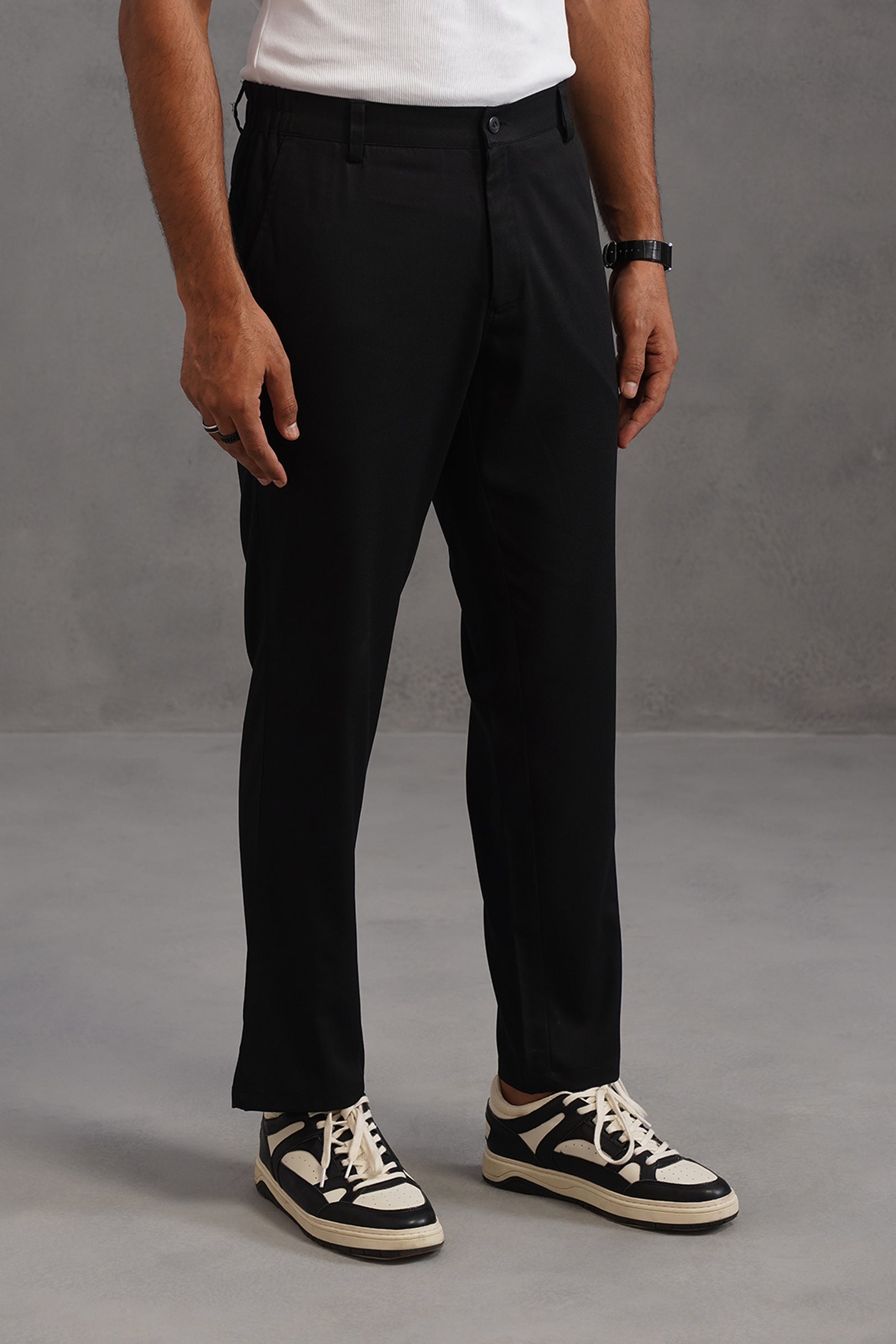 Terry Rayon Tailored Fit Flexi Waist Trouser - Black