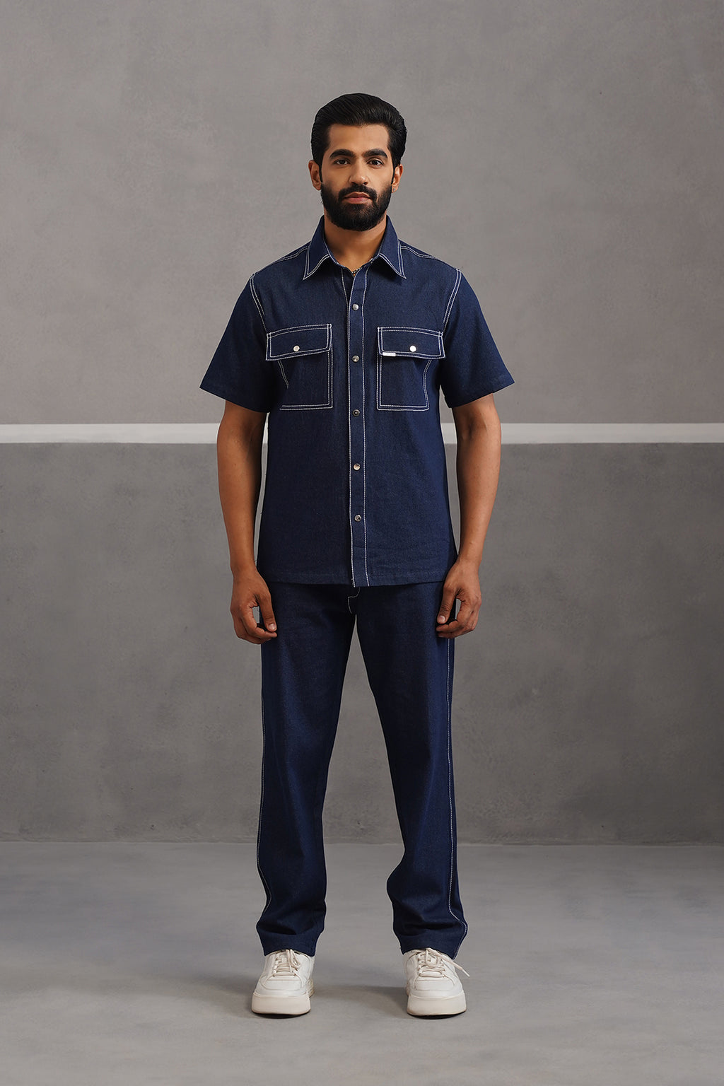 Denim Embroidered Shirt Coord Set - Dark Blue