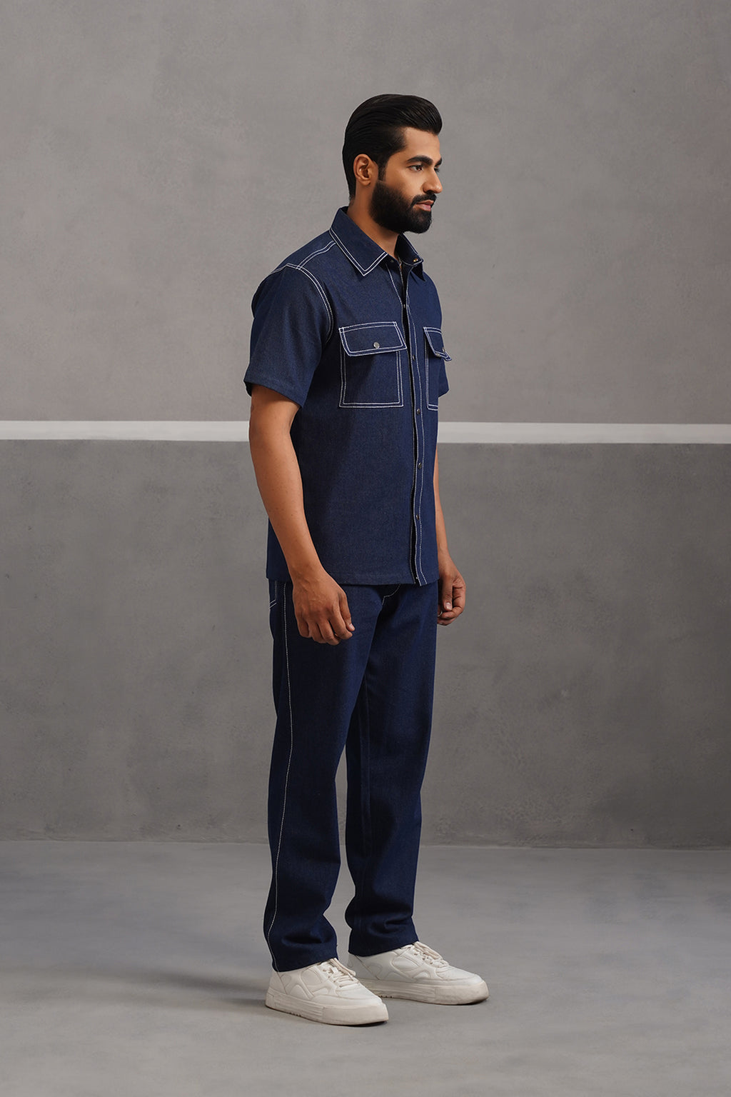 Denim Embroidered Shirt Coord Set - Dark Blue