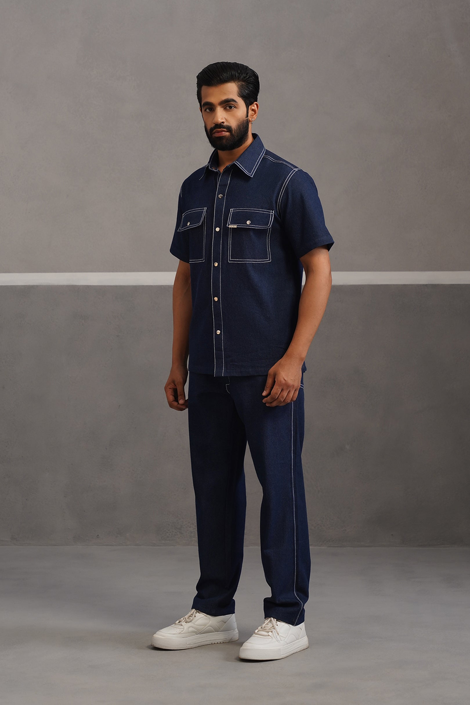 Denim Embroidered Shirt Coord Set - Dark Blue
