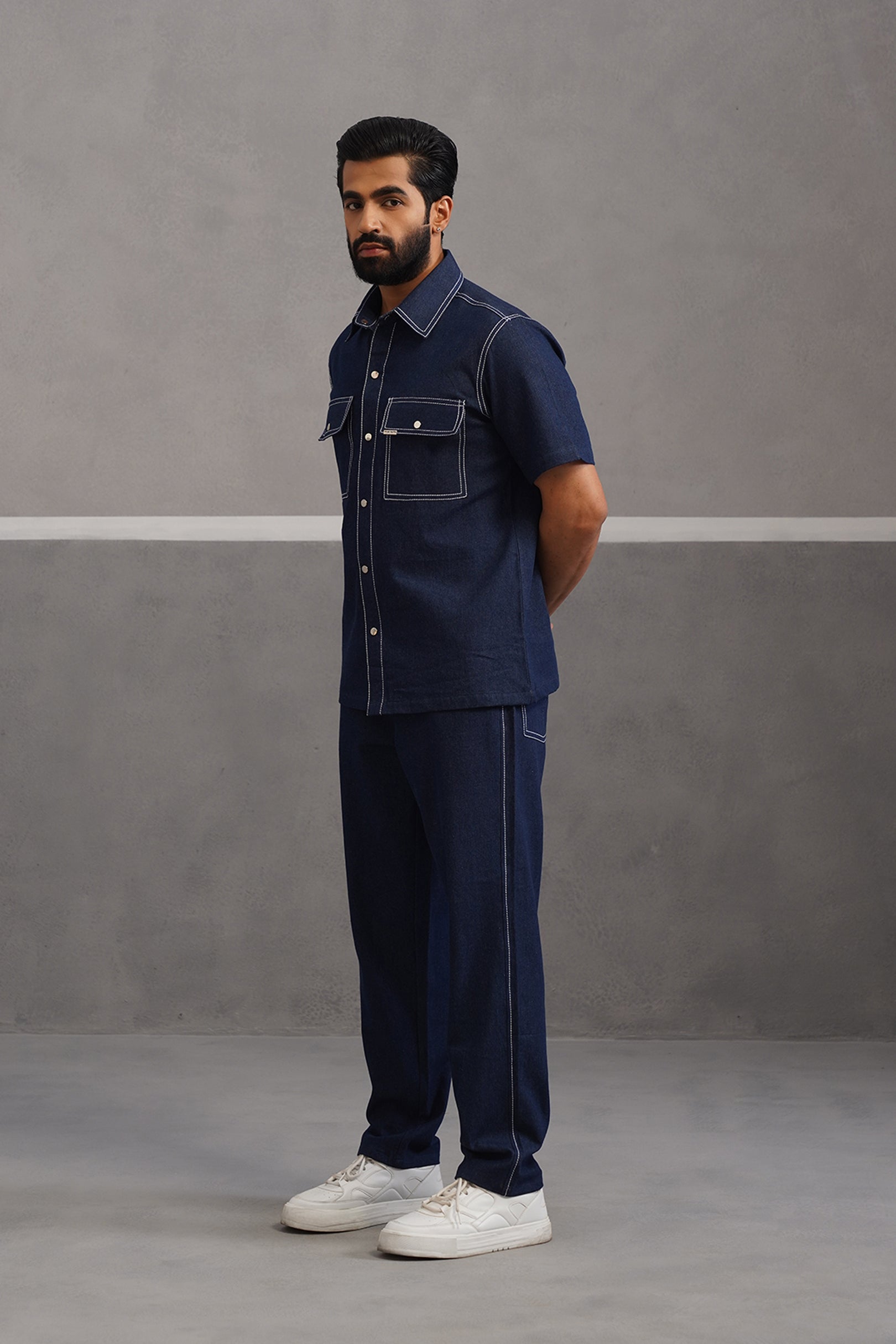 Denim Embroidered Shirt Coord Set - Dark Blue