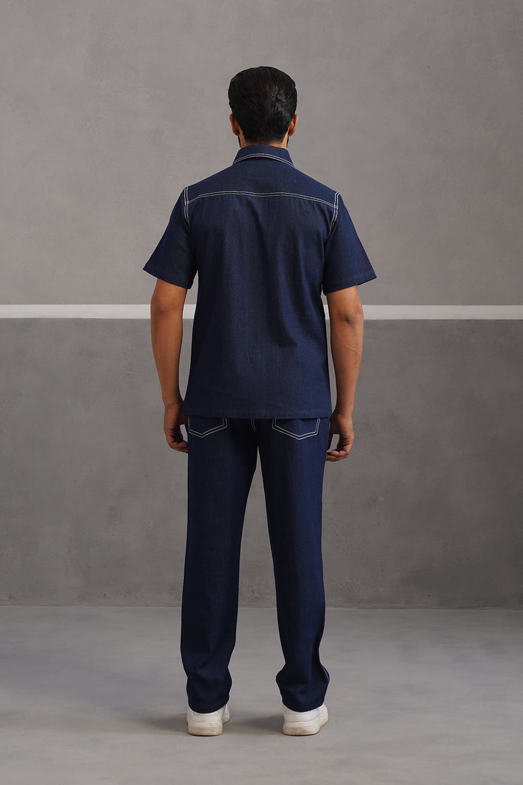 Denim Embroidered Shirt Coord Set - Dark Blue