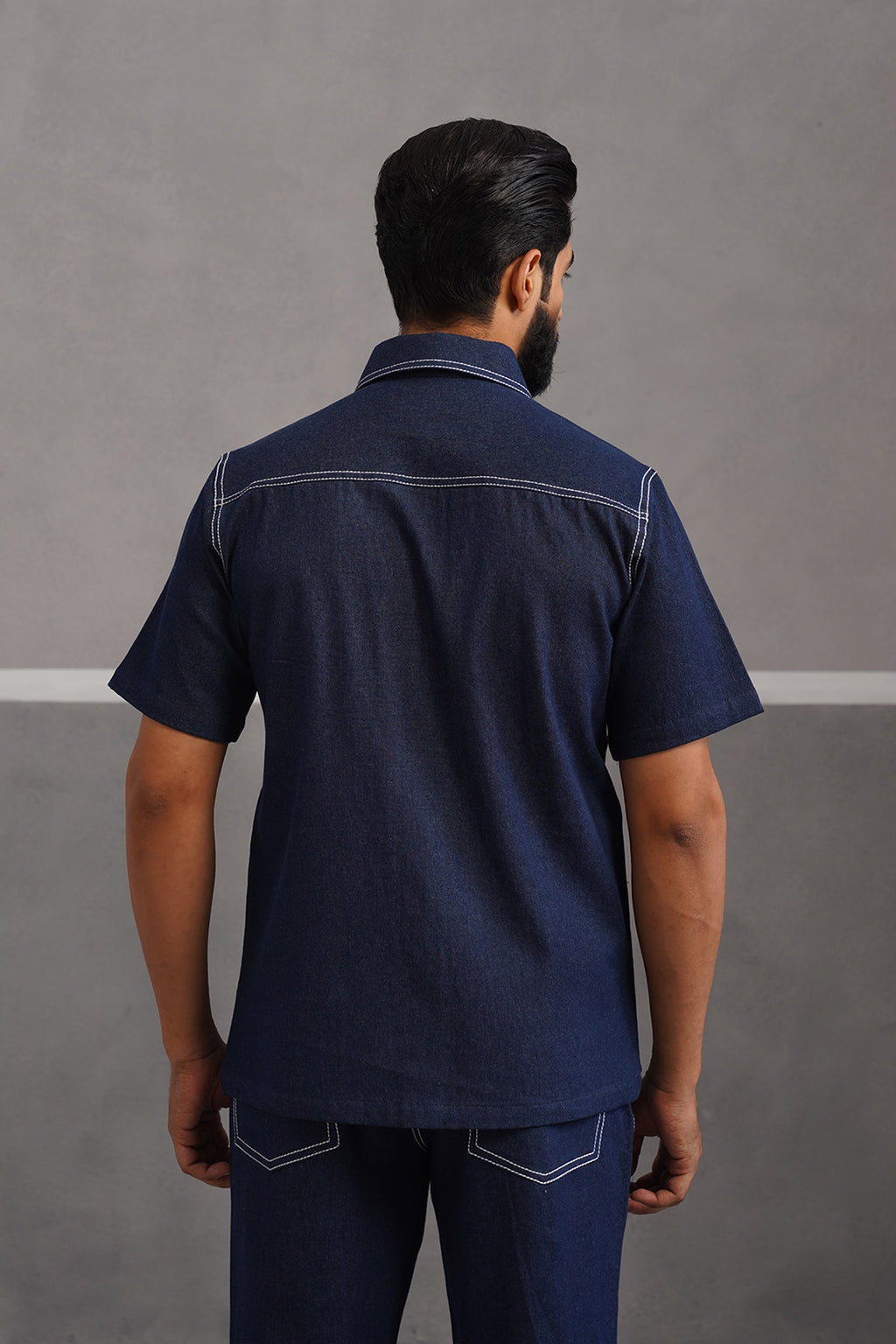 Denim Embroidered Luxe Half Sleeve Shirt - Dark Blue