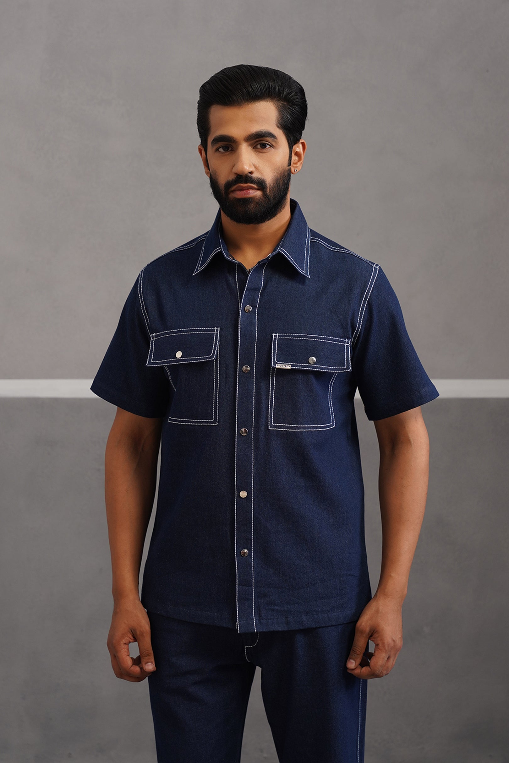 Denim Embroidered Shirt Coord Set - Dark Blue