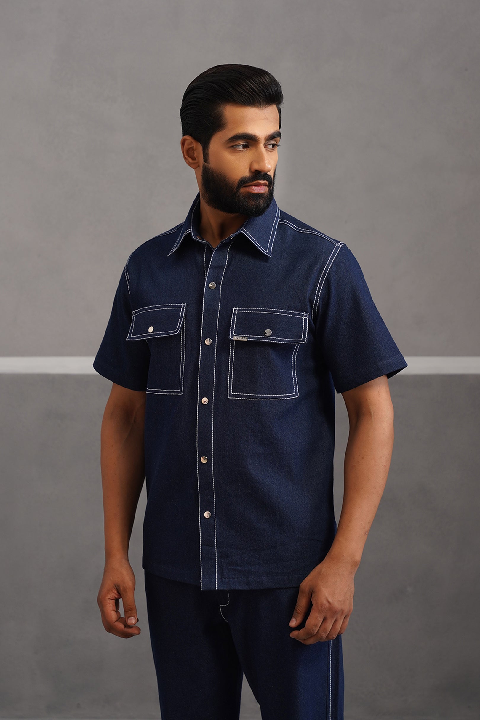 Denim Embroidered Luxe Half Sleeve Shirt - Dark Blue