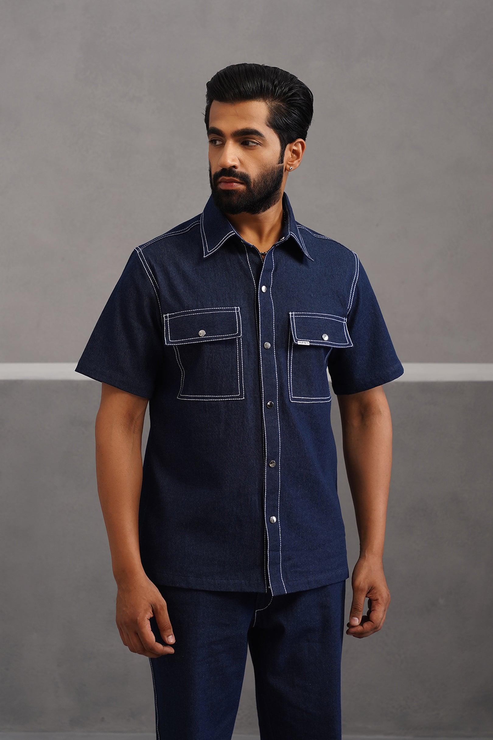 Denim Embroidered Luxe Half Sleeve Shirt - Dark Blue
