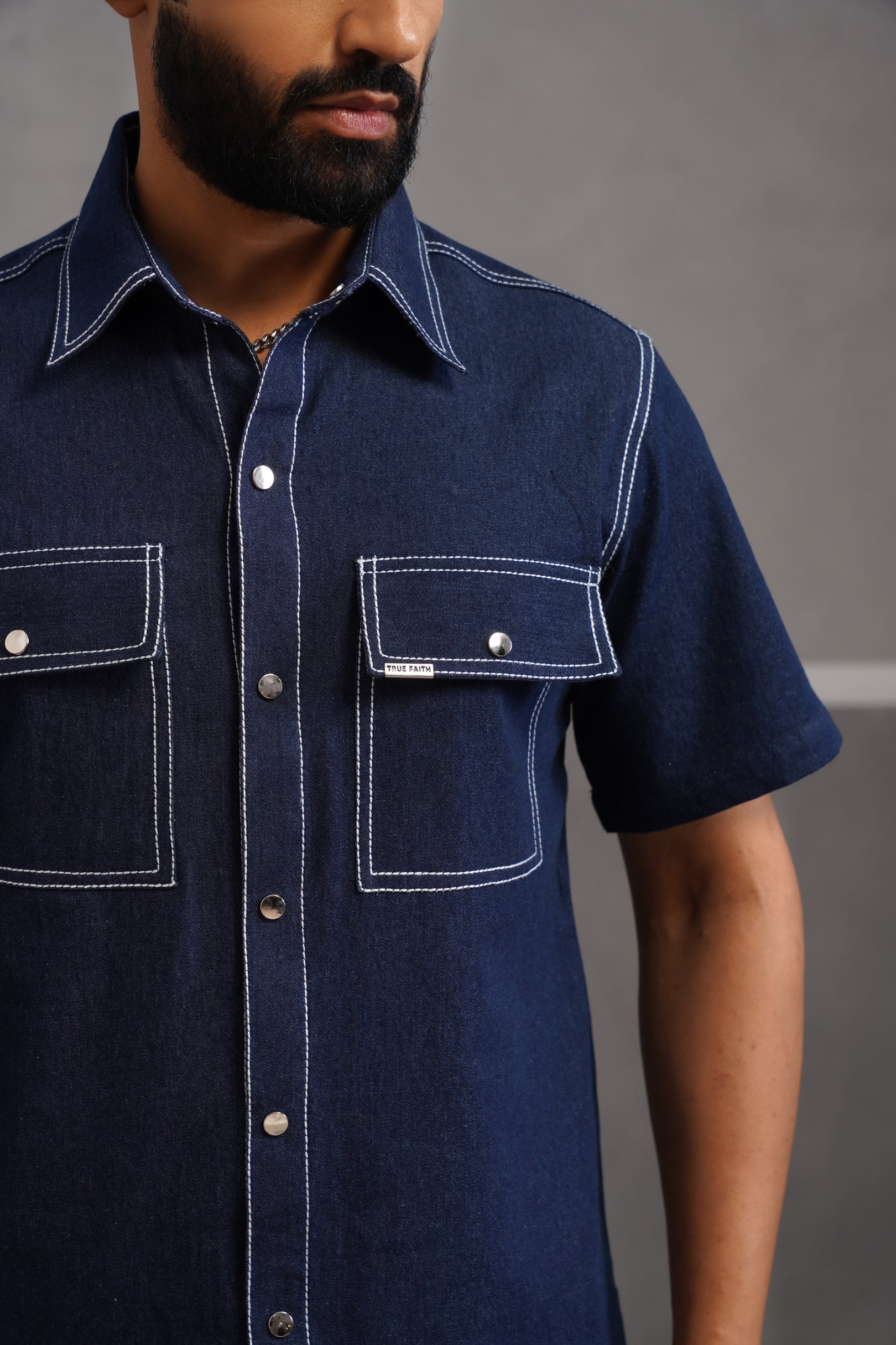 Denim Embroidered Luxe Half Sleeve Shirt - Dark Blue