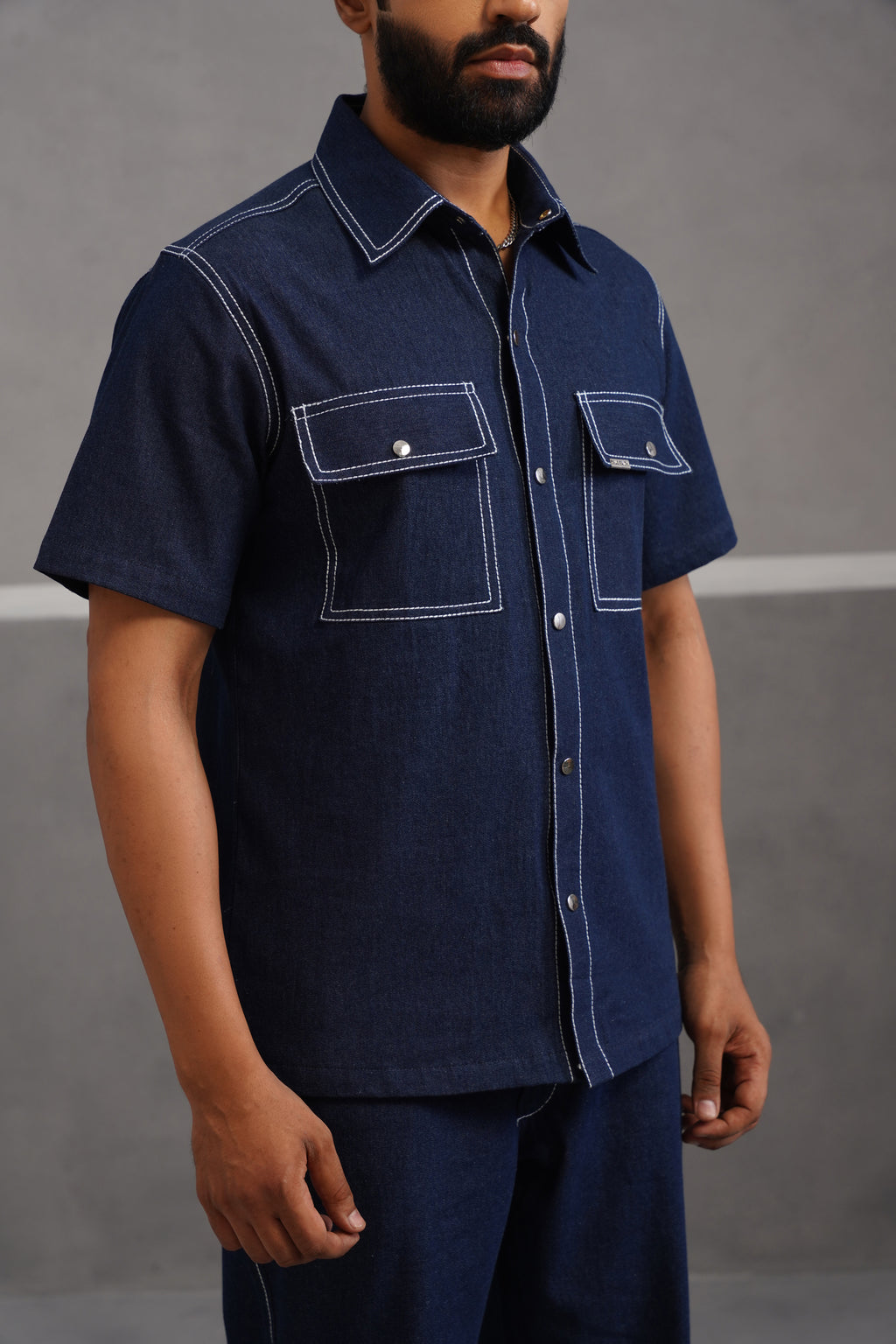 Denim Embroidered Luxe Half Sleeve Shirt - Dark Blue