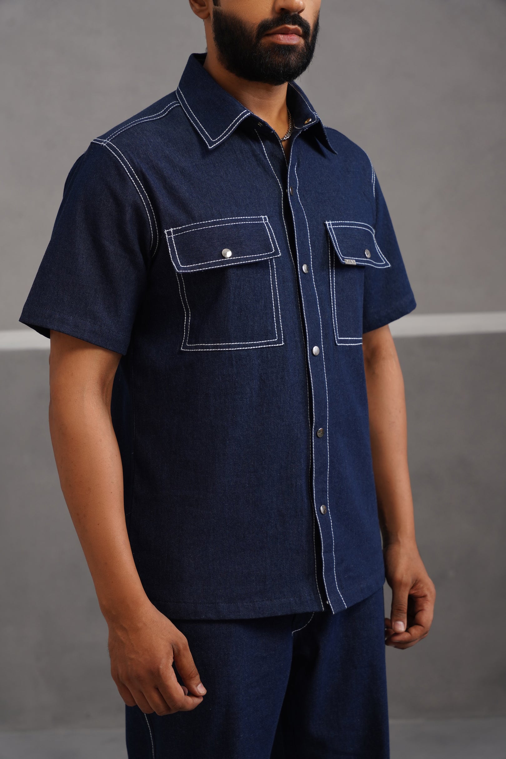 Denim Embroidered Luxe Half Sleeve Shirt - Dark Blue