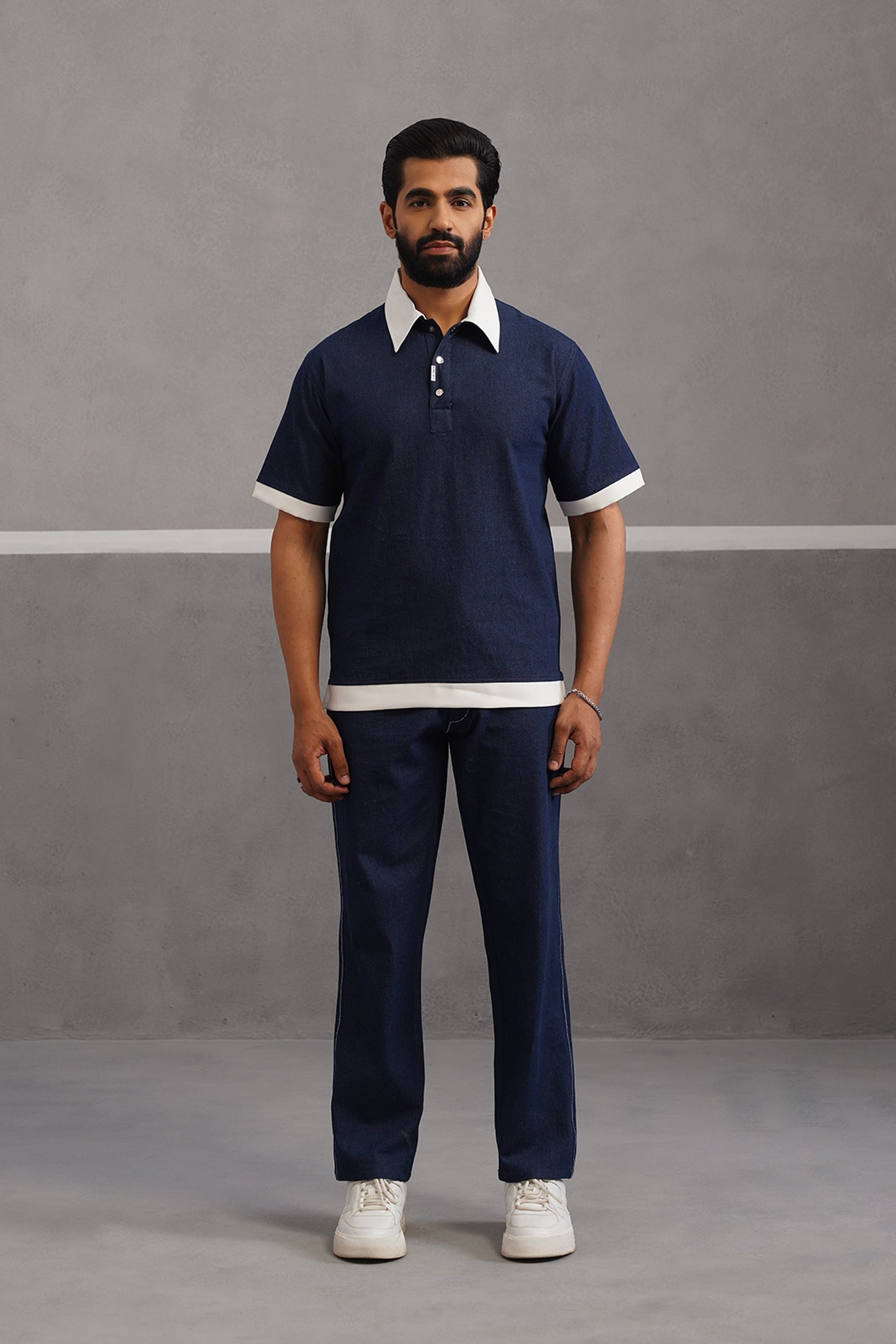 Denim Polo Collar Tshirt Coord Set - Dark Blue