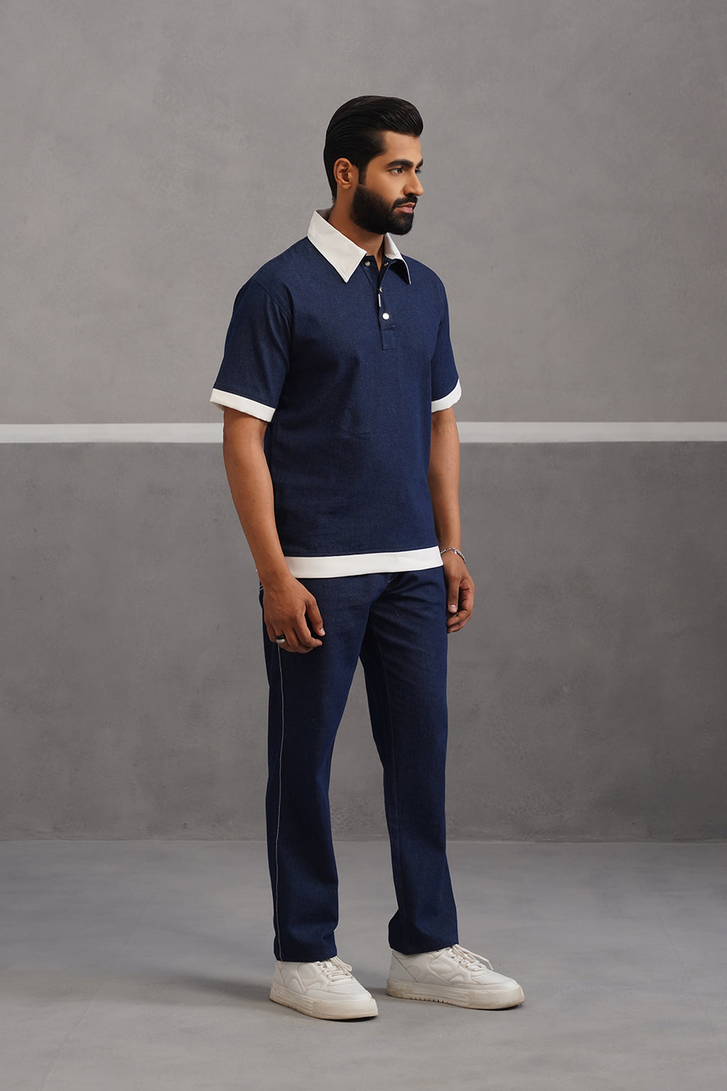 Denim Polo Collar Tshirt Coord Set - Dark Blue