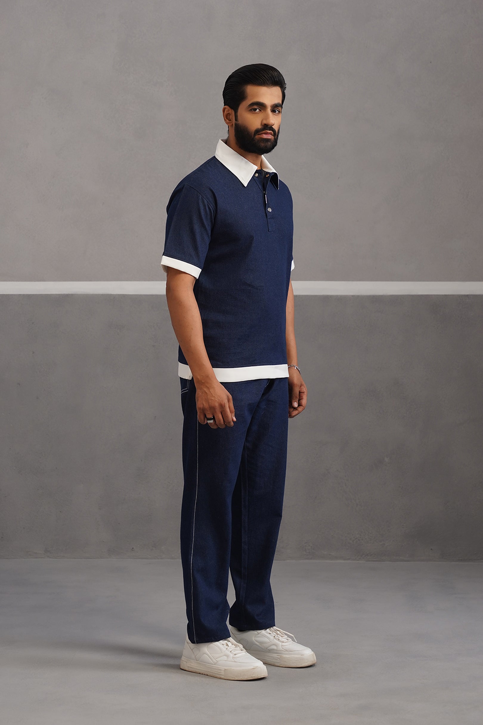 Denim Polo Collar Tshirt Coord Set - Dark Blue