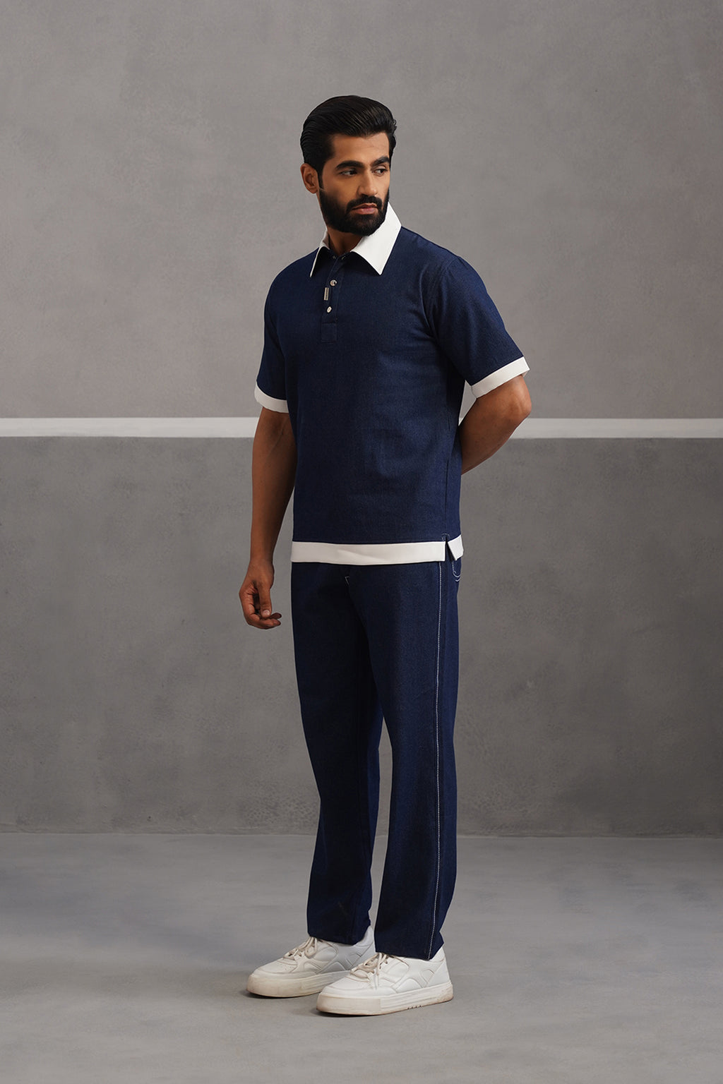 Denim Polo Collar Tshirt Coord Set - Dark Blue