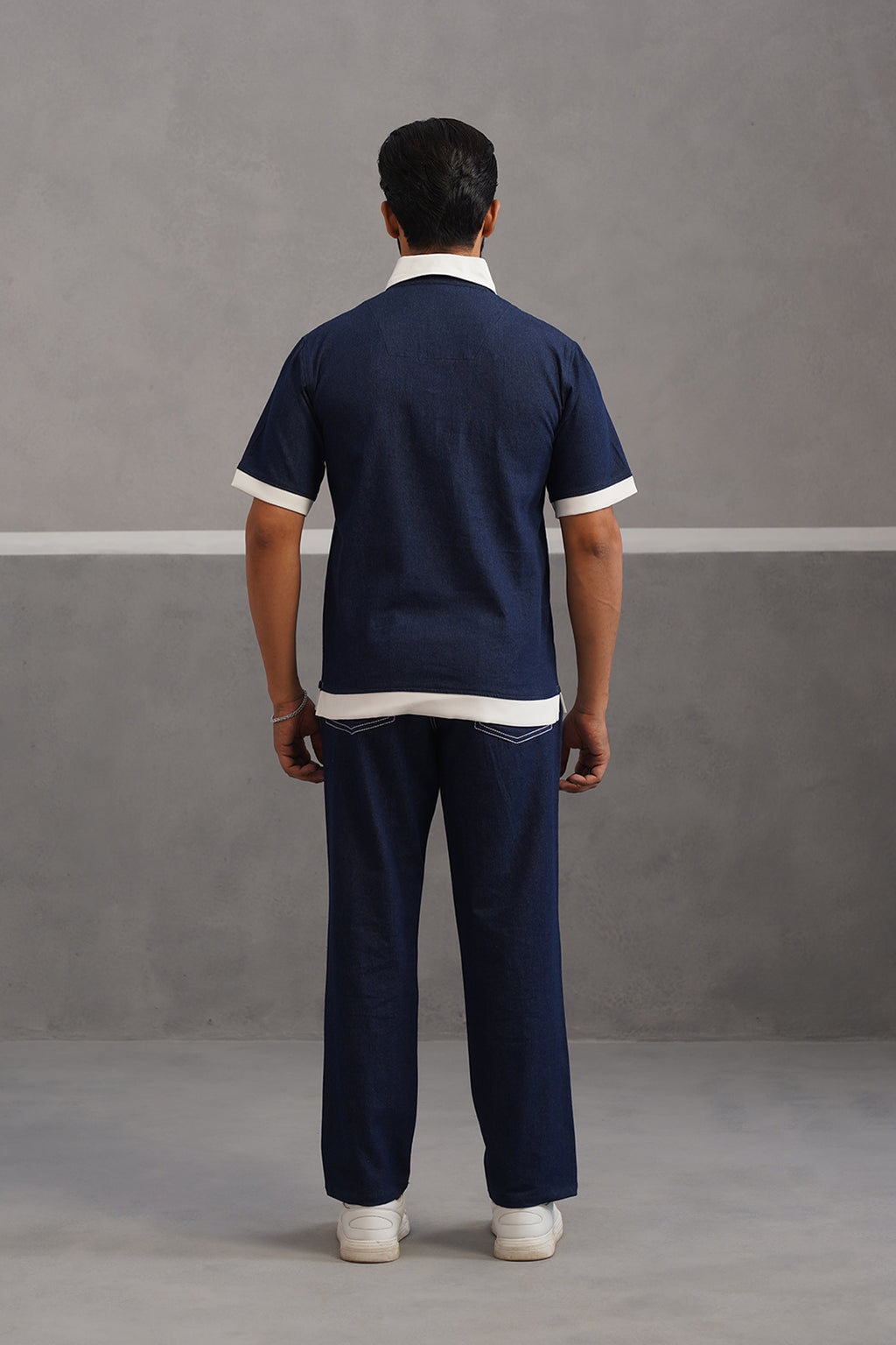 Denim Polo Collar Tshirt Coord Set - Dark Blue
