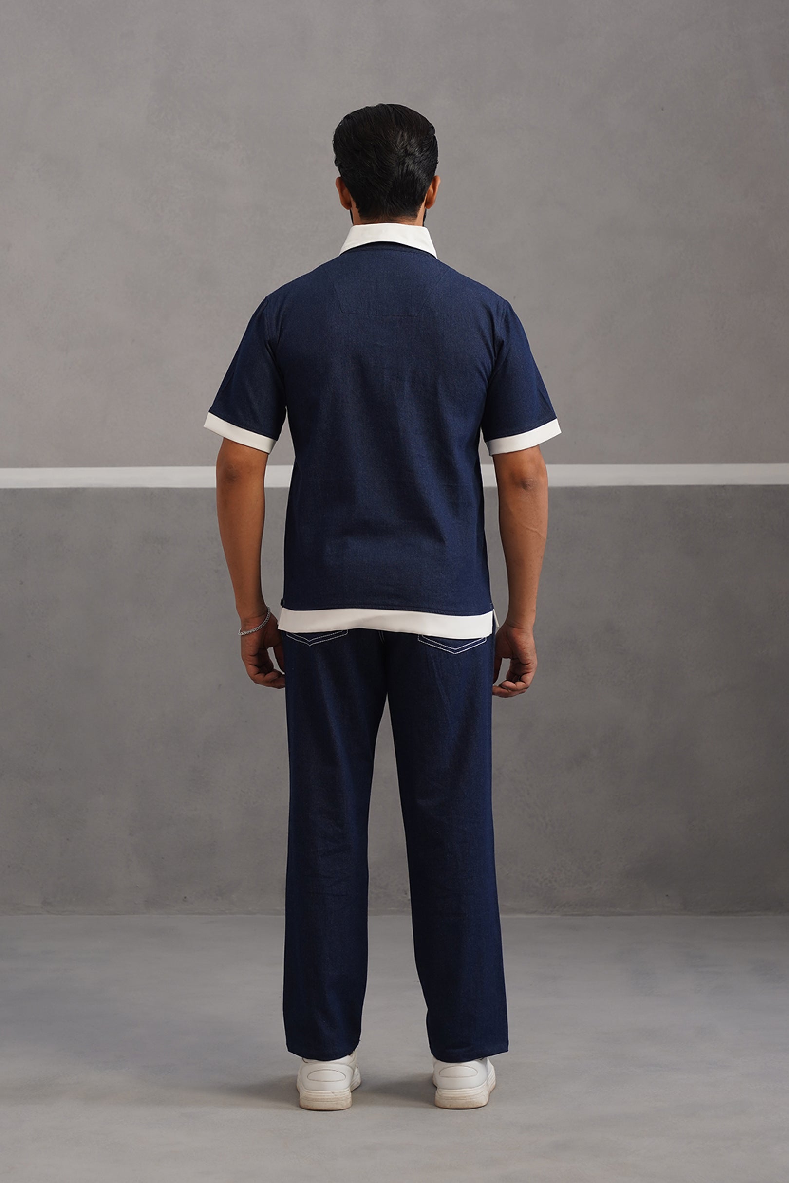 Denim Polo Collar Tshirt Coord Set - Dark Blue