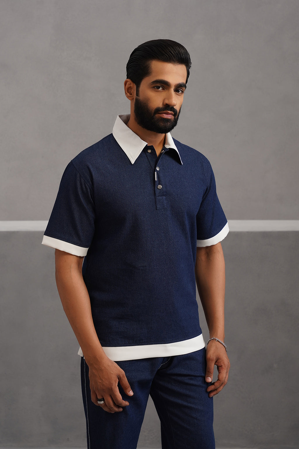 Denim Polo Collar Tshirt Coord Set - Dark Blue