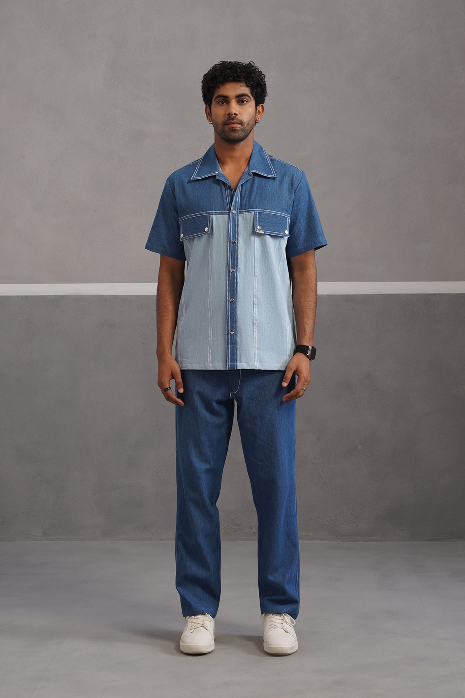 Denim Embroidered Shirt Coord Set - Light Blue