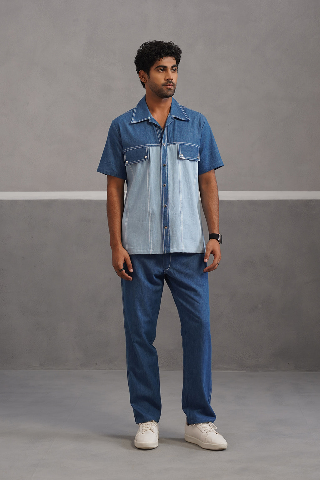 Denim Embroidered Shirt Coord Set - Light Blue